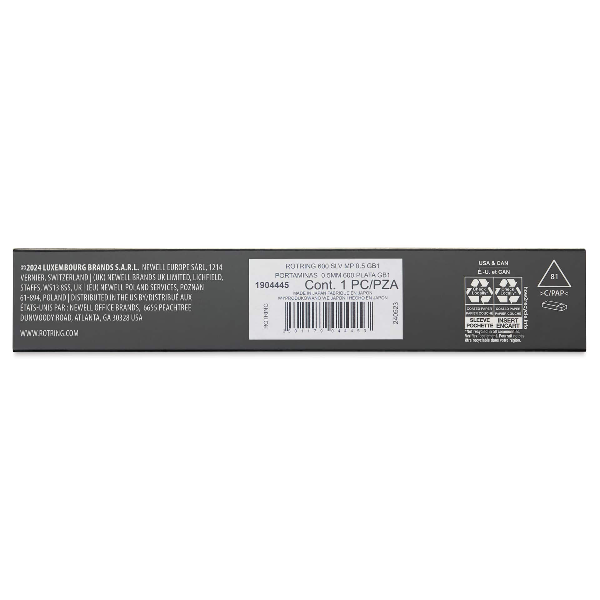 Rotring 600 Mechanical Pencil - Silver, 0.5 mm, back of the packaging