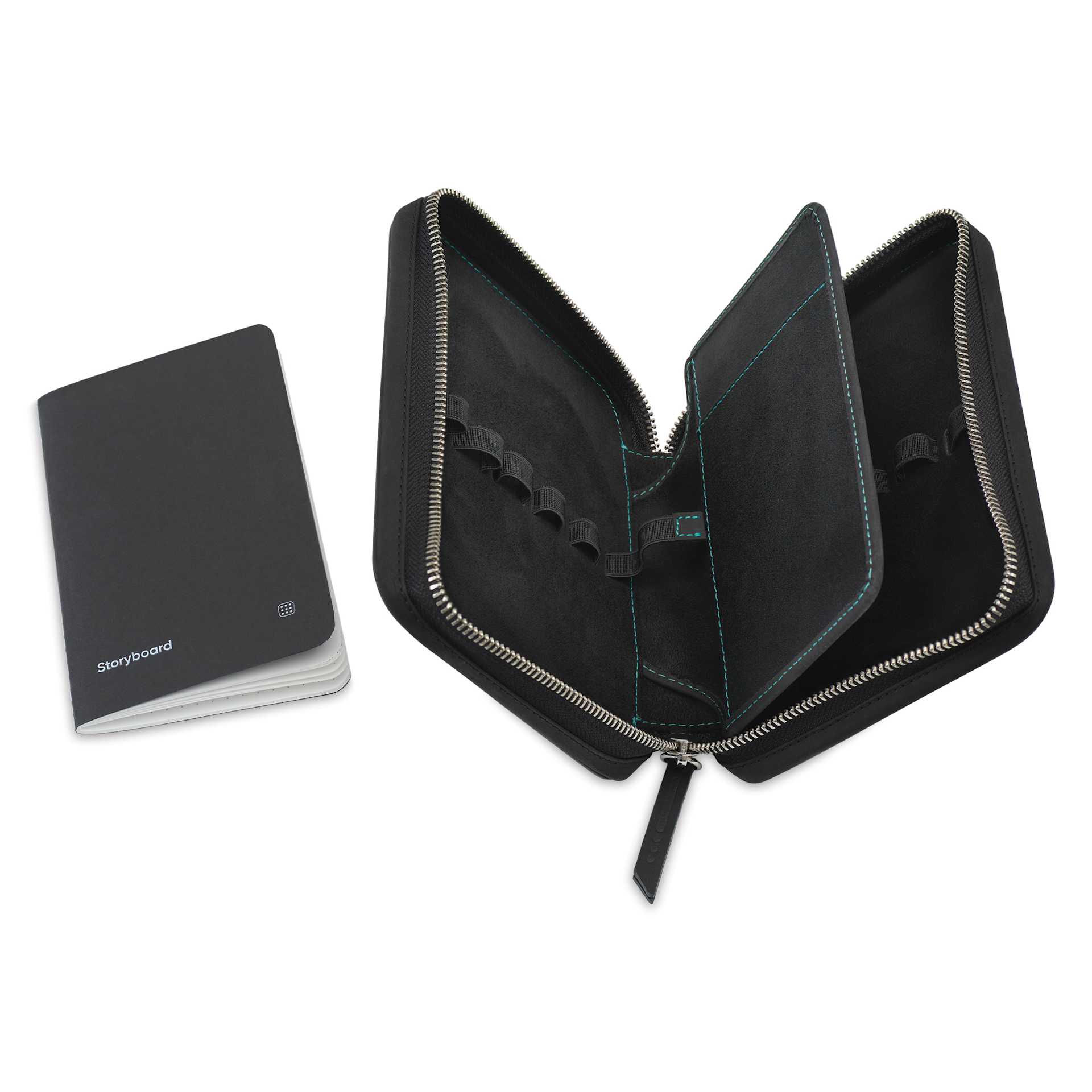 Endless Companion 10 Pen Pouch - Black, pen case open and pocket notebook