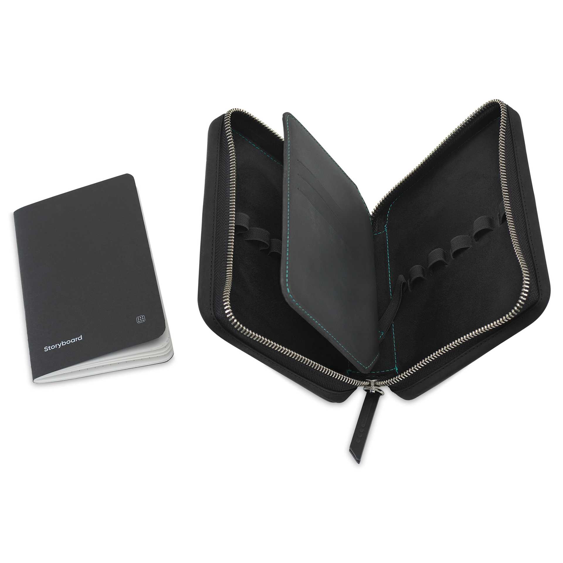 Endless Companion 10 Pen Pouch - Black, pen case open and pocket notebook showing pen slots