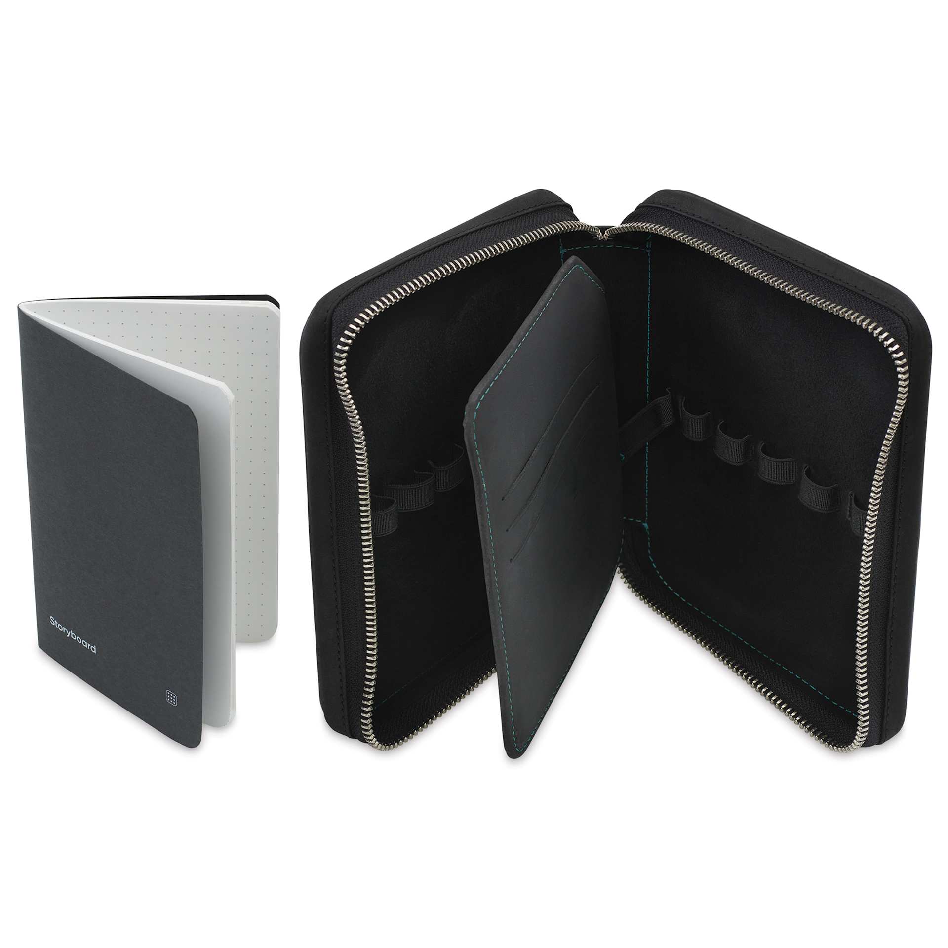 Endless Companion 10 Pen Pouch - Black, pen case open and pocket notebook standing
