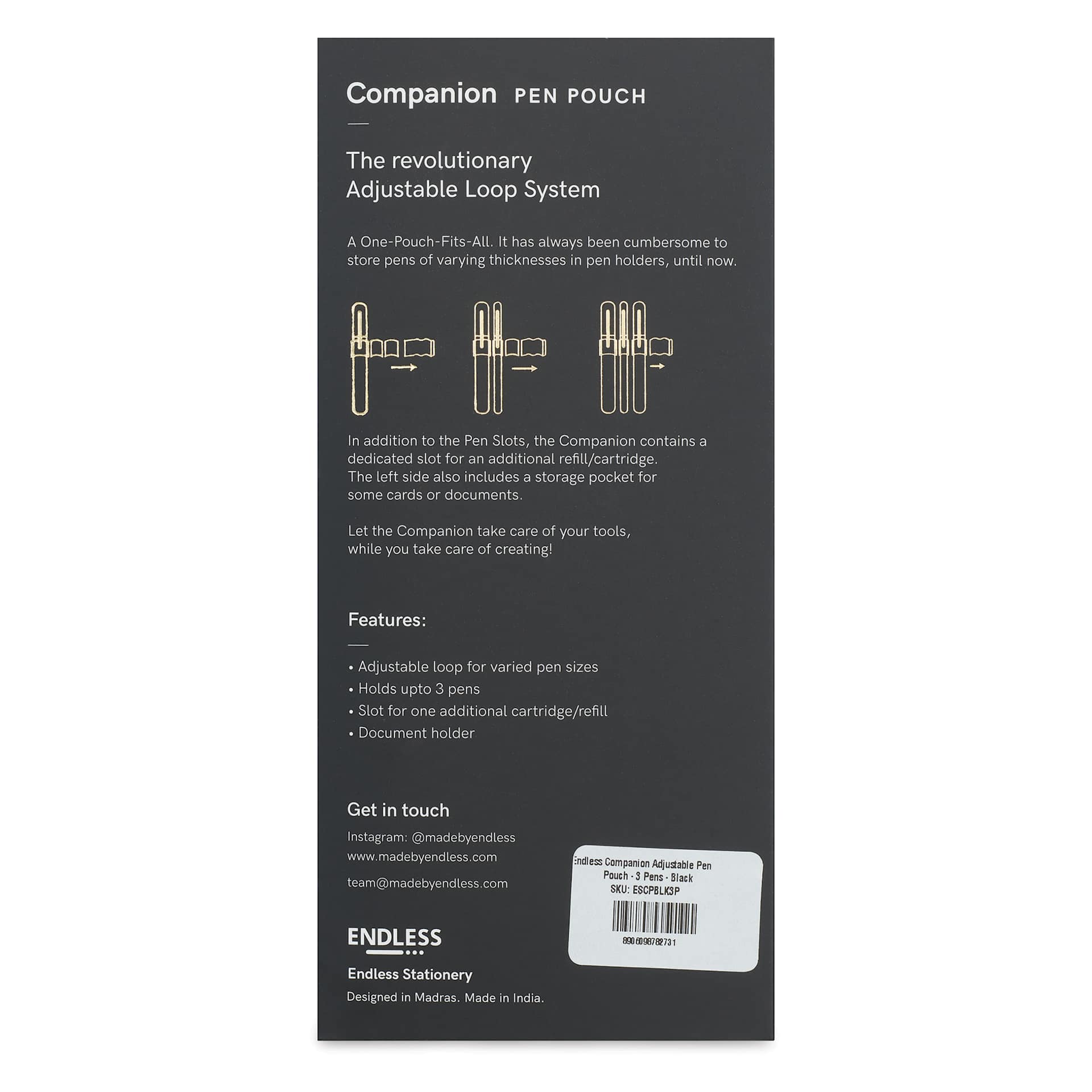 Endless Companion 3 Pen Pouch - Black, back of the packaging
