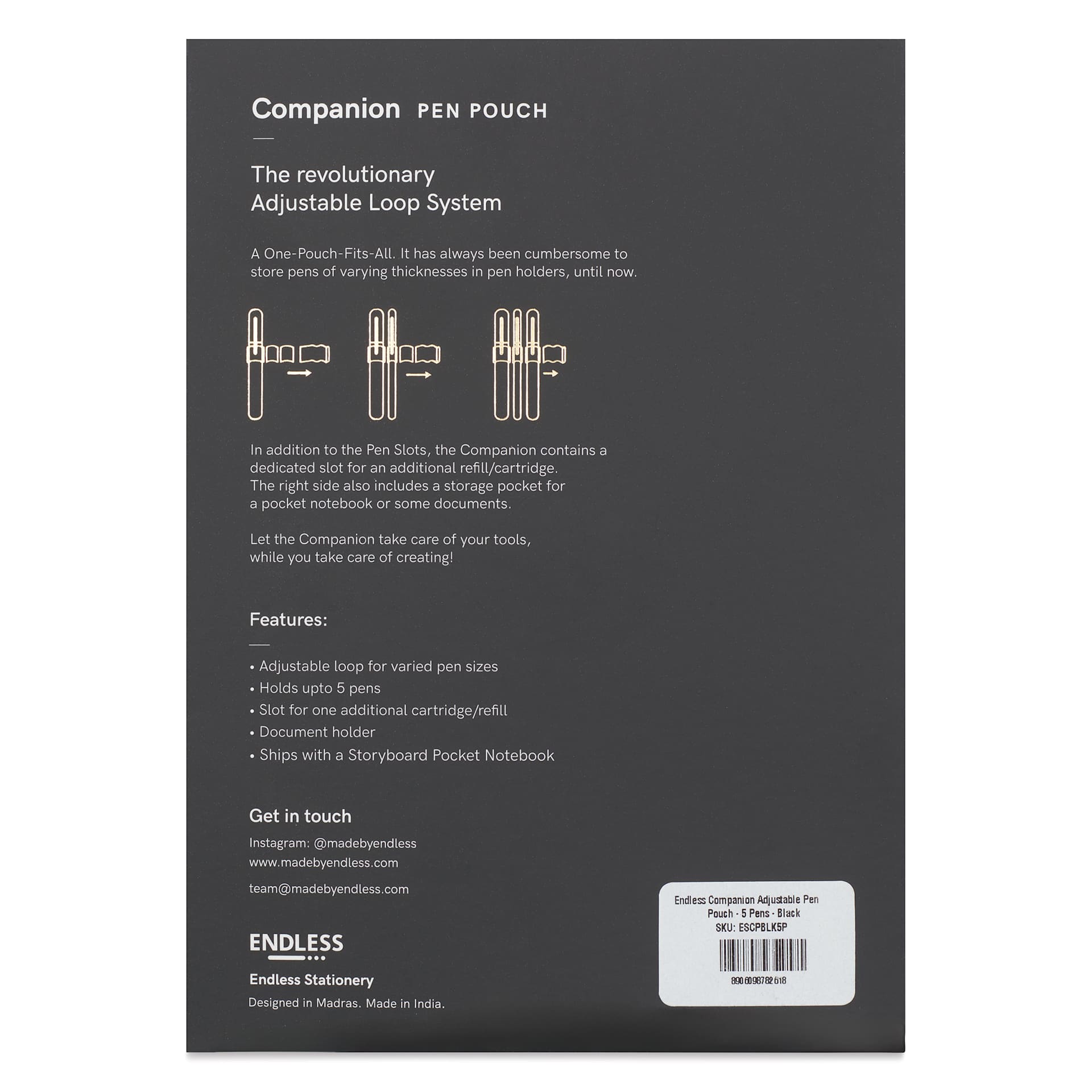Endless Companion 5 Pen Pouch - Black, back of the packaging