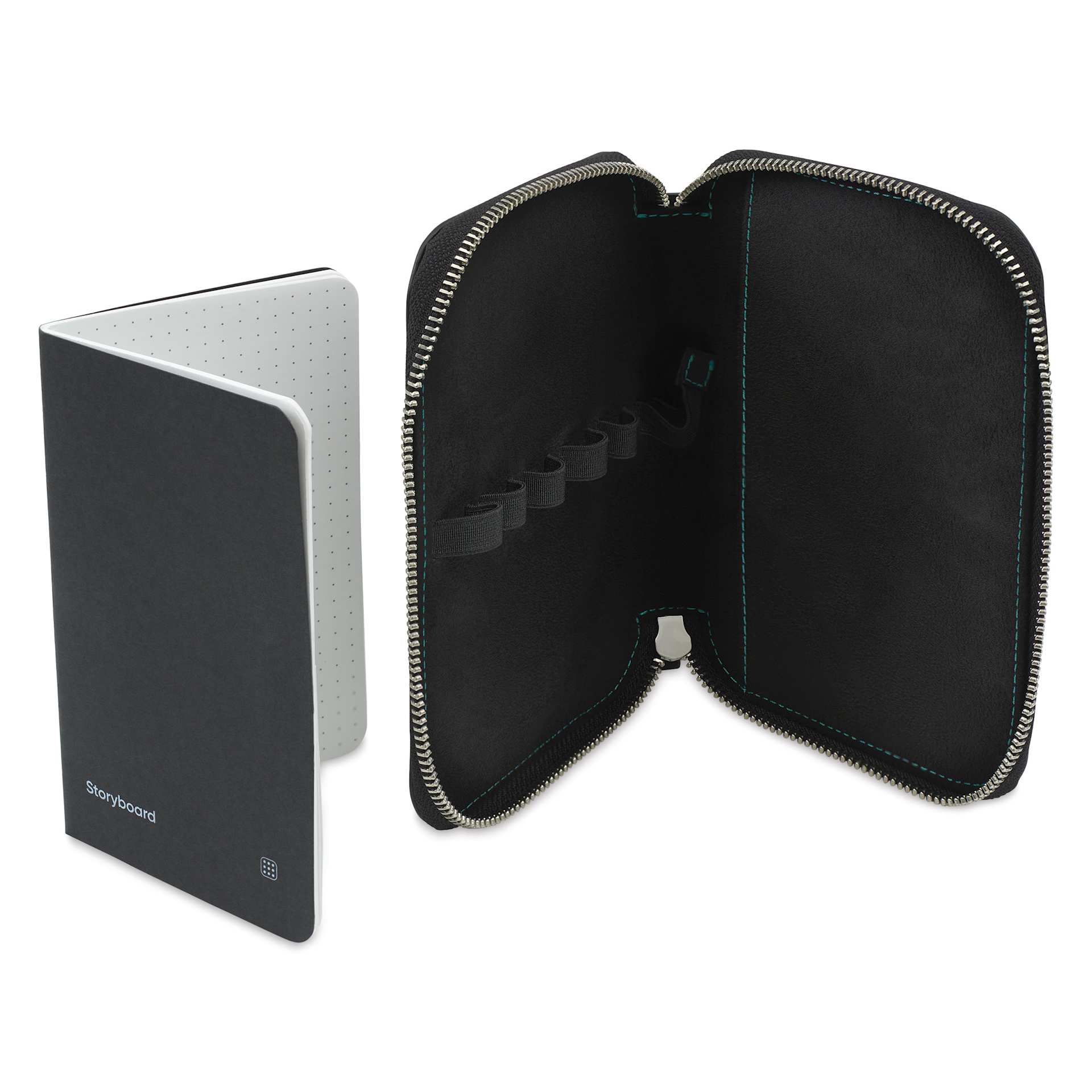 Endless Companion 5 Pen Pouch - Black, pen case open and pocket notebook standing