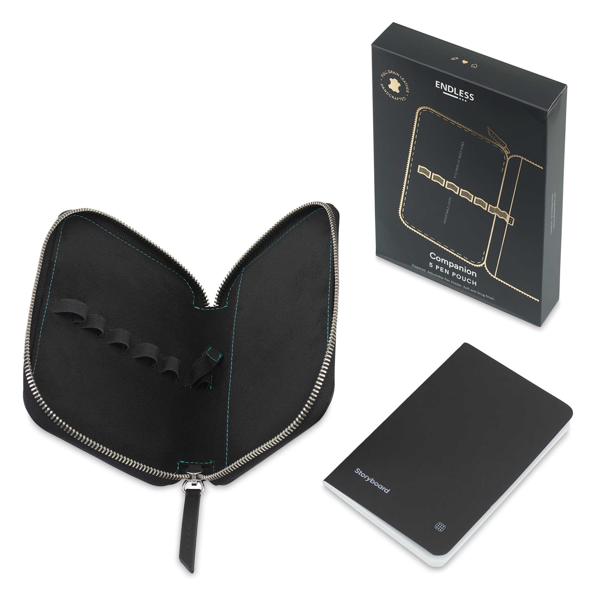 Endless Companion 5 Pen Pouch - Black, open pen case and notebook next to packaging