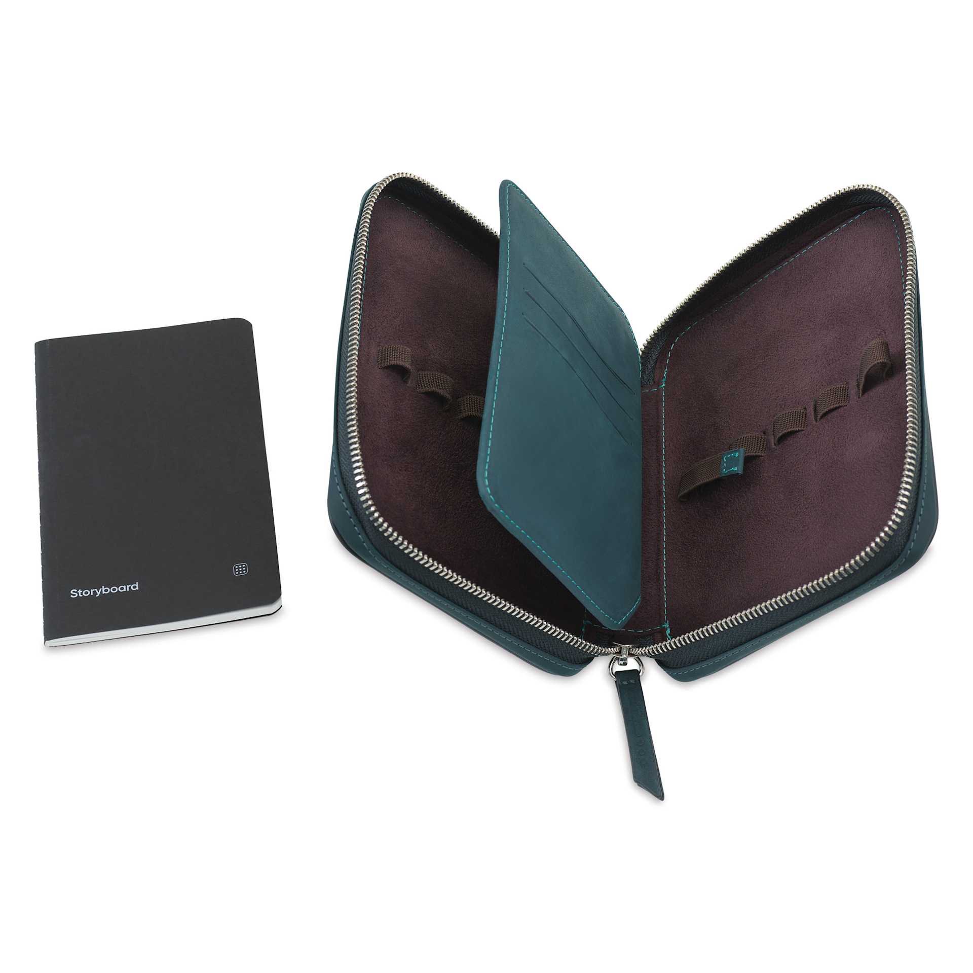 Endless Companion 10 Pen Pouch - Blue, pen case open and pocket notebook showing pen slots