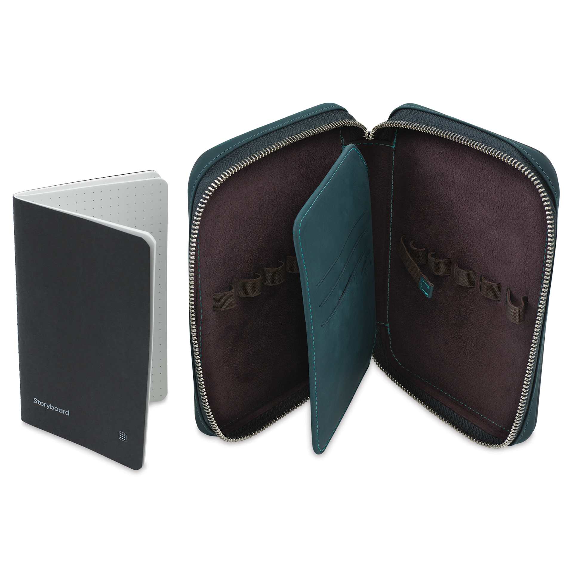 Endless Companion 10 Pen Pouch - Blue, pen case open and pocket notebook standing