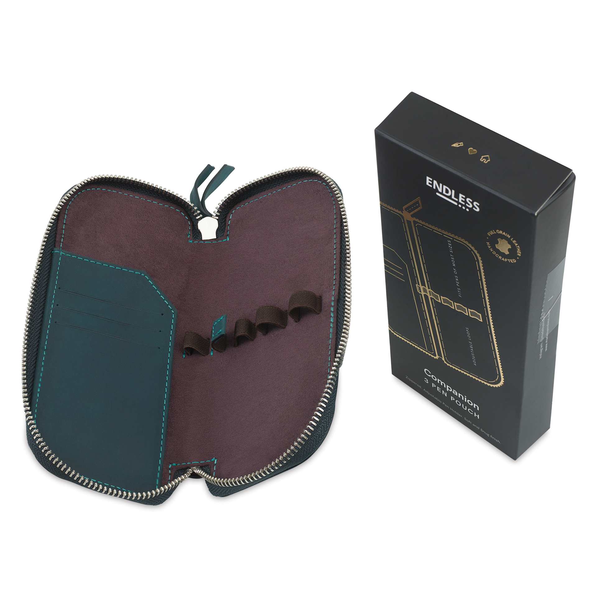 Endless Companion 3 Pen Pouch - Blue, pen case opened next to packaging