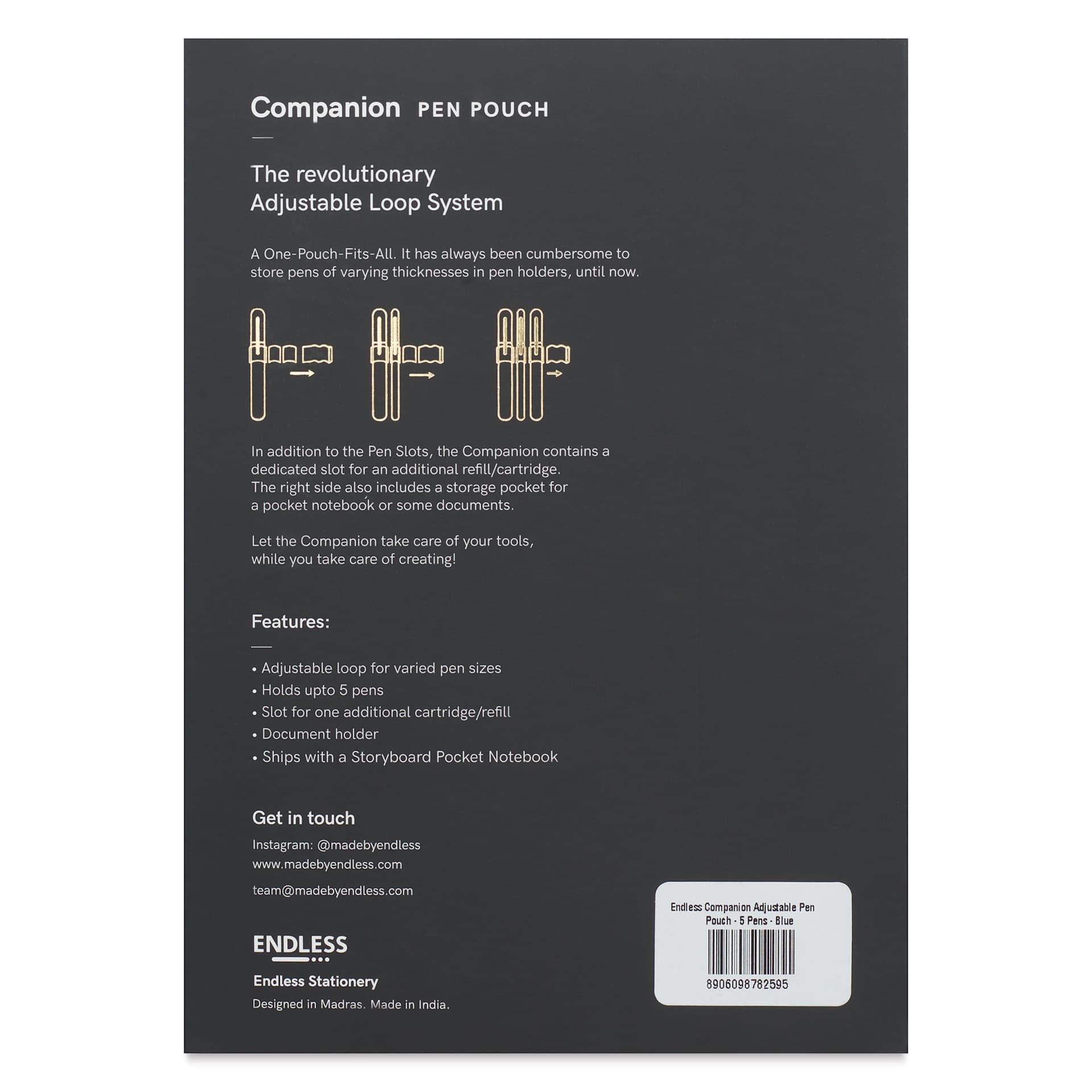 Endless Companion 5 Pen Pouch - Blue, back of the packaging