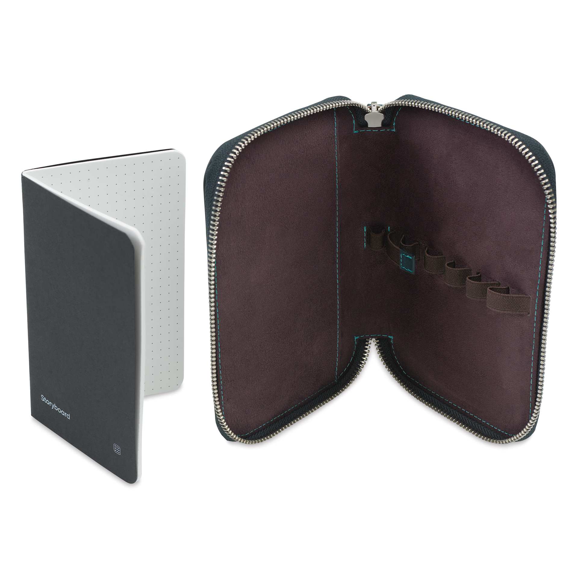 Endless Companion 5 Pen Pouch - Blue, pen case open and pocket notebook standing