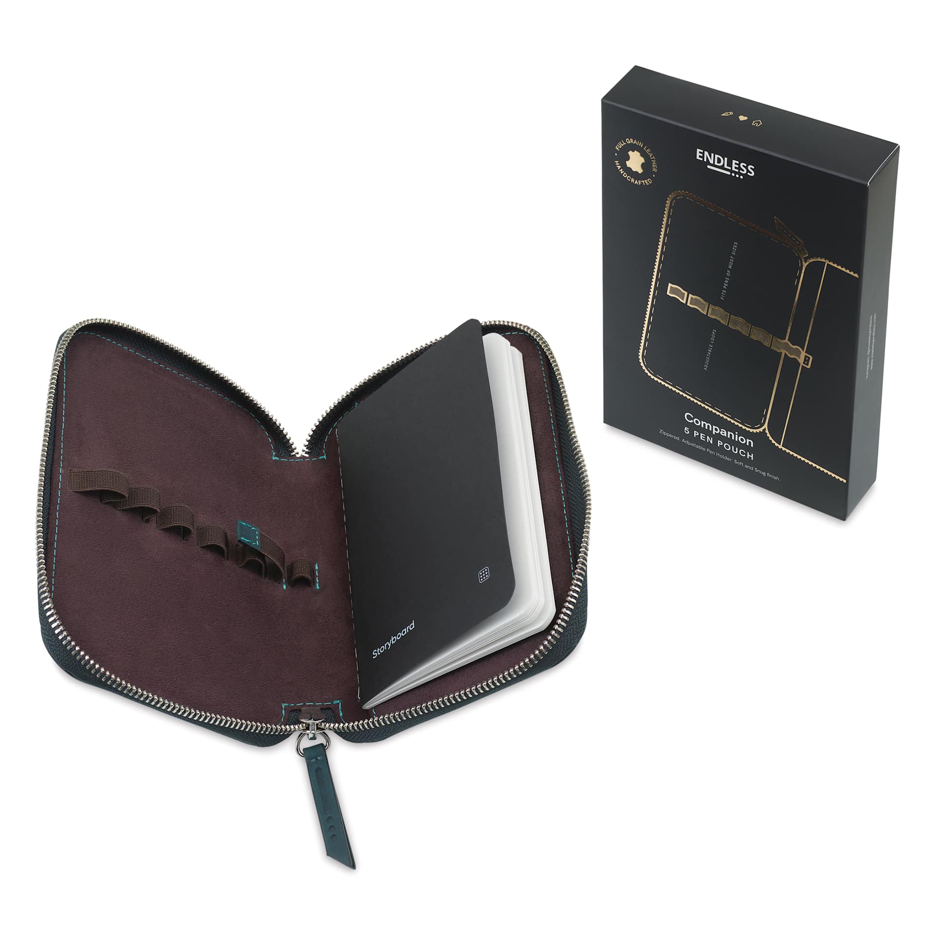 Endless Companion 5 Pen Pouch - Blue, open pen case next to packaging
