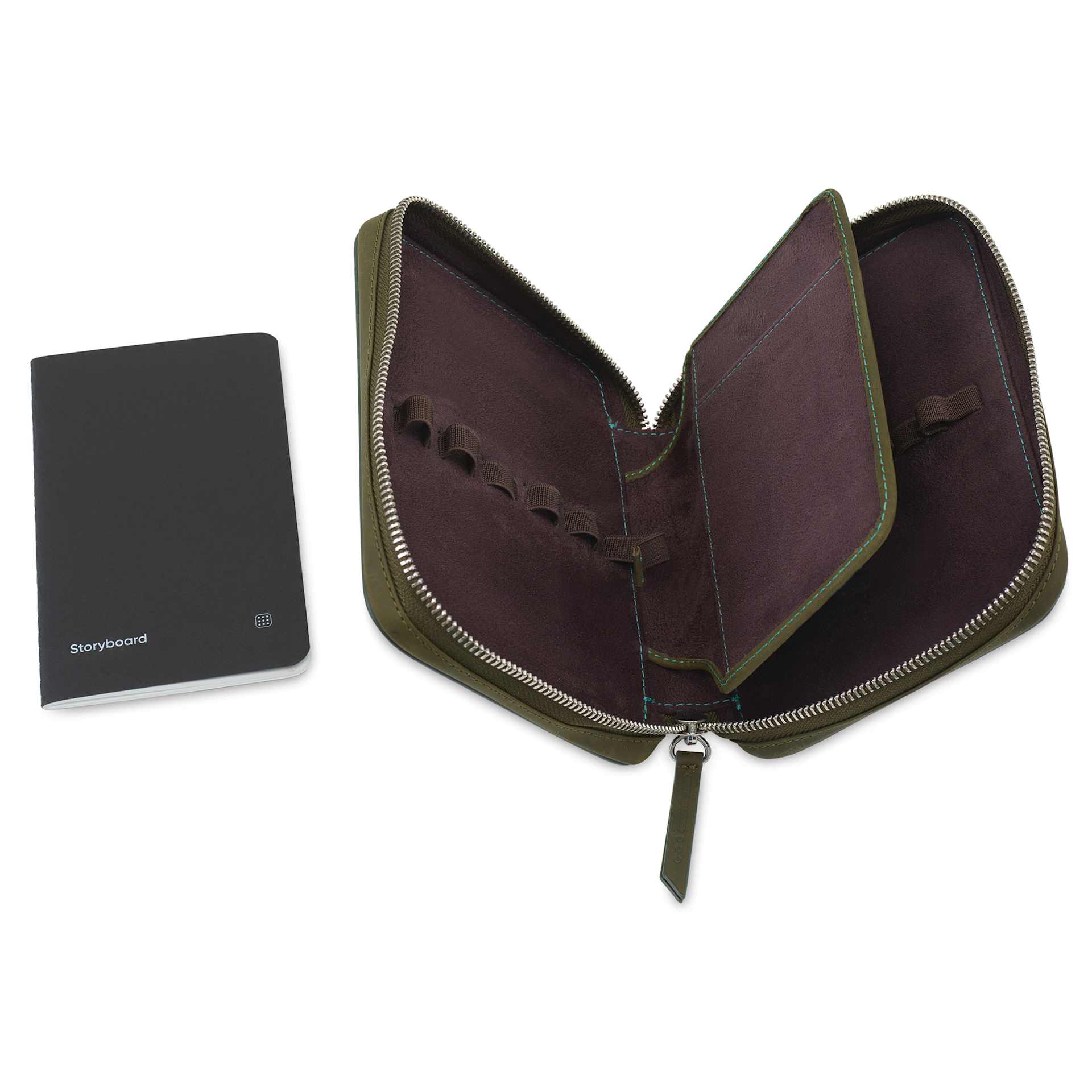 Endless Companion 10 Pen Pouch - Green, pen case open and pocket notebook