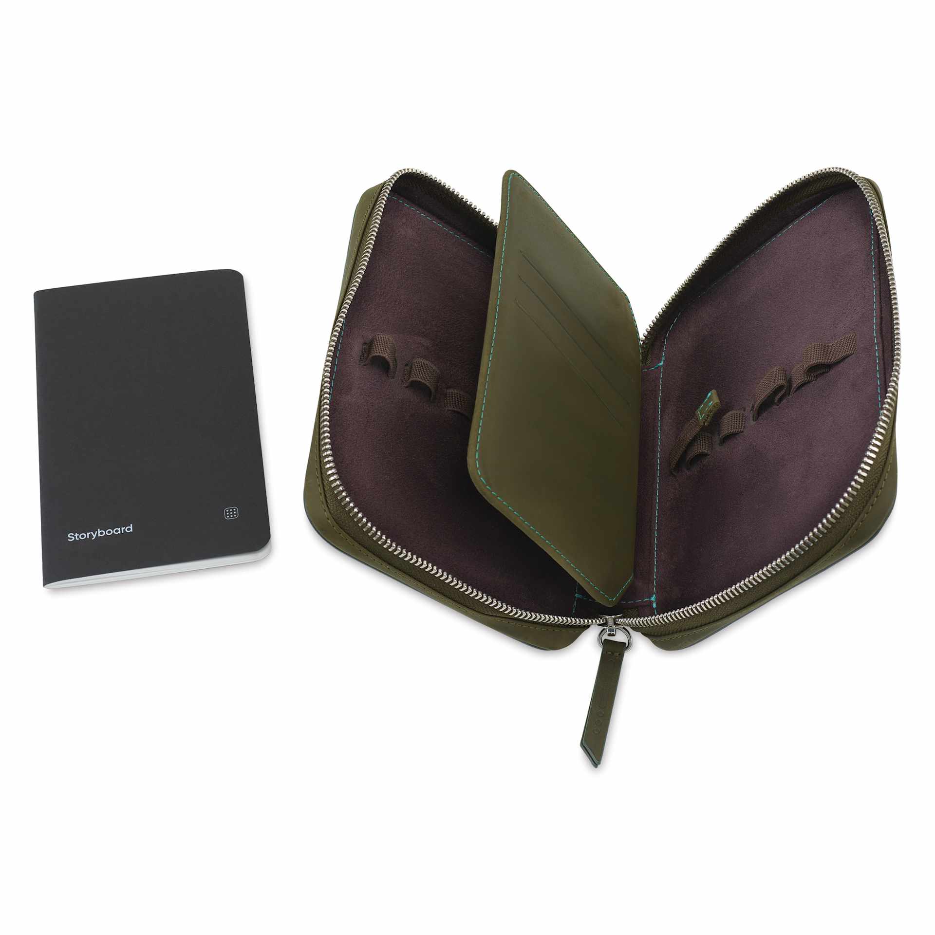 Endless Companion 10 Pen Pouch - Green, pen case open and pocket notebook showing pen slots