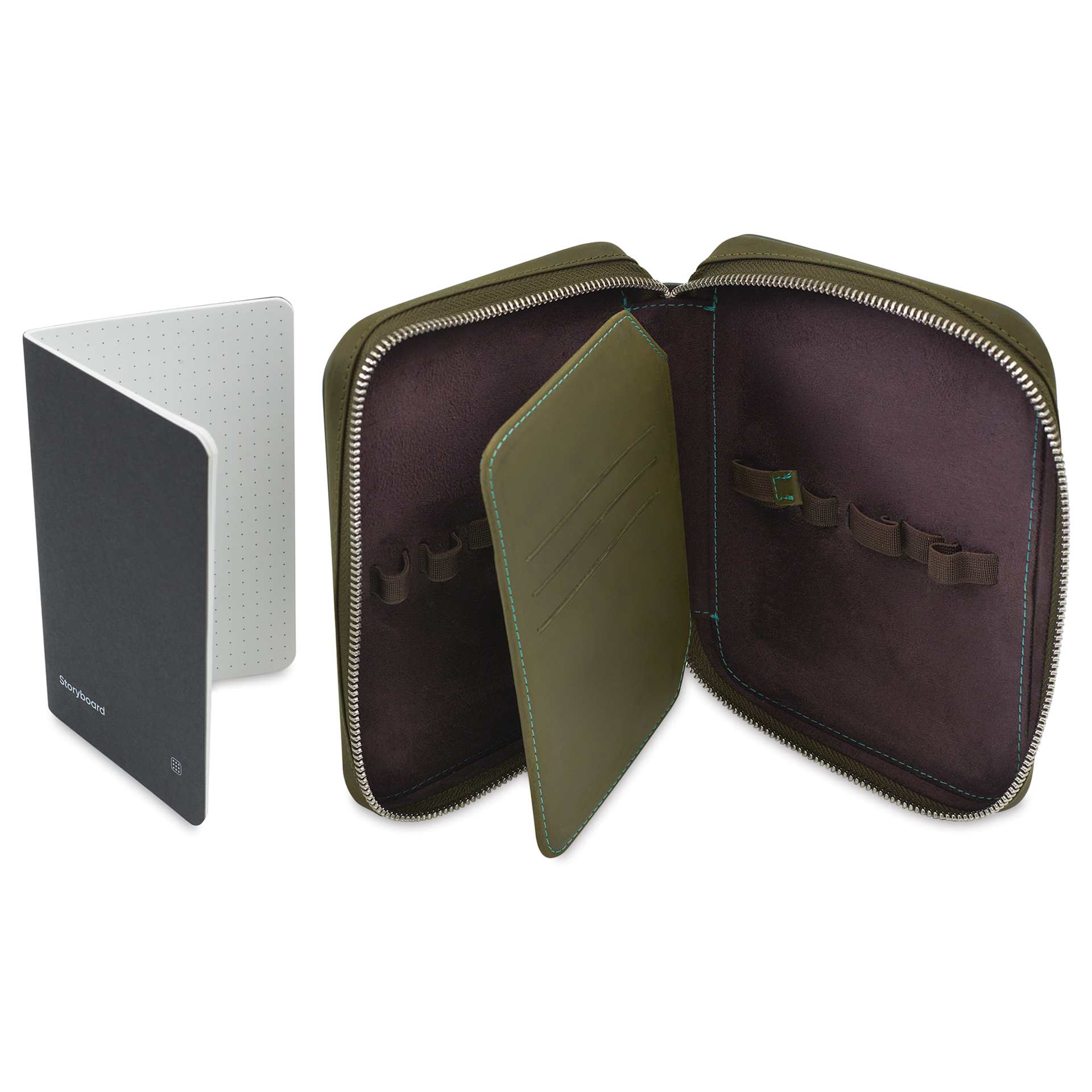 Endless Companion 10 Pen Pouch - Green, pen case open and pocket notebook standing