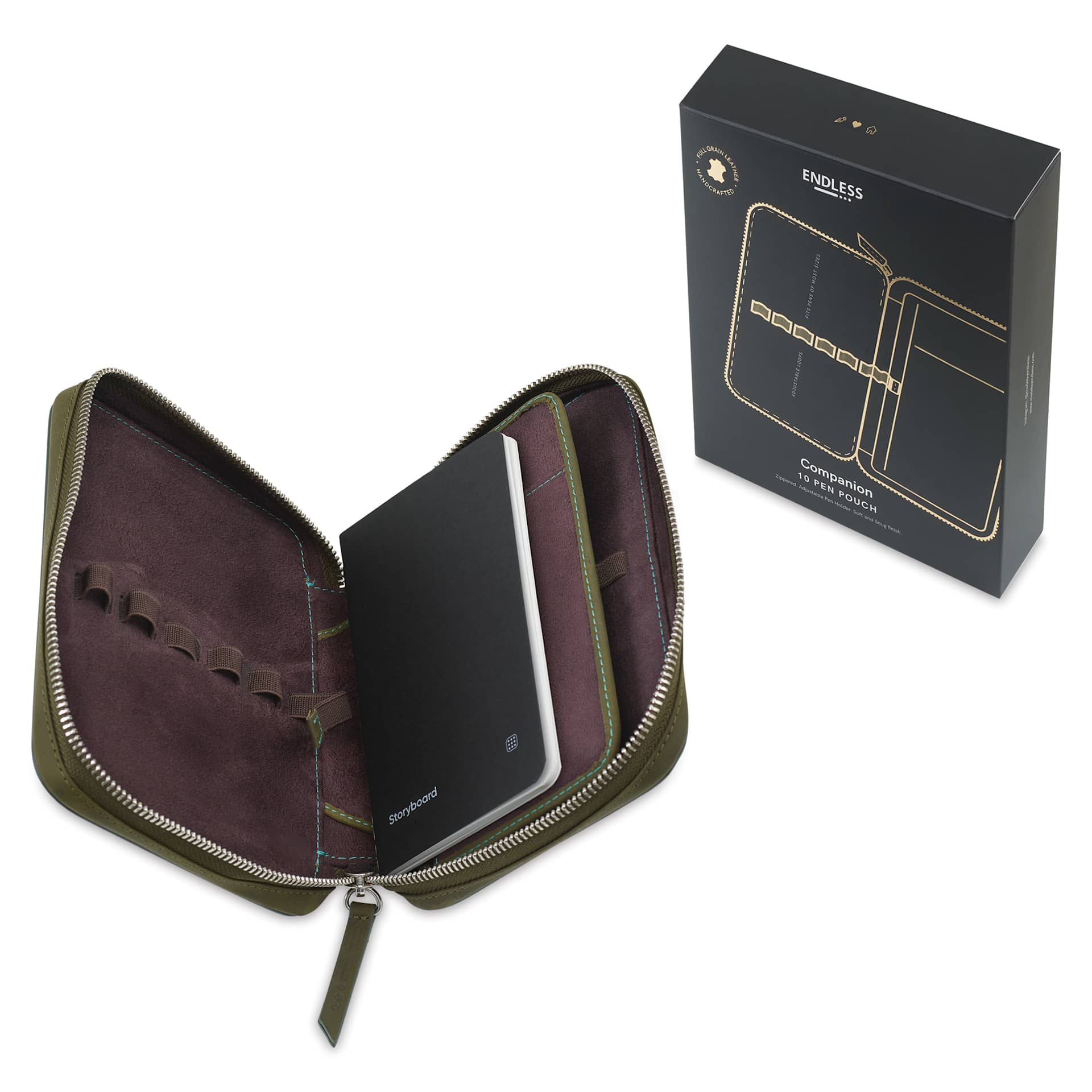 Endless Companion 10 Pen Pouch - Green, pen case open next to packaging