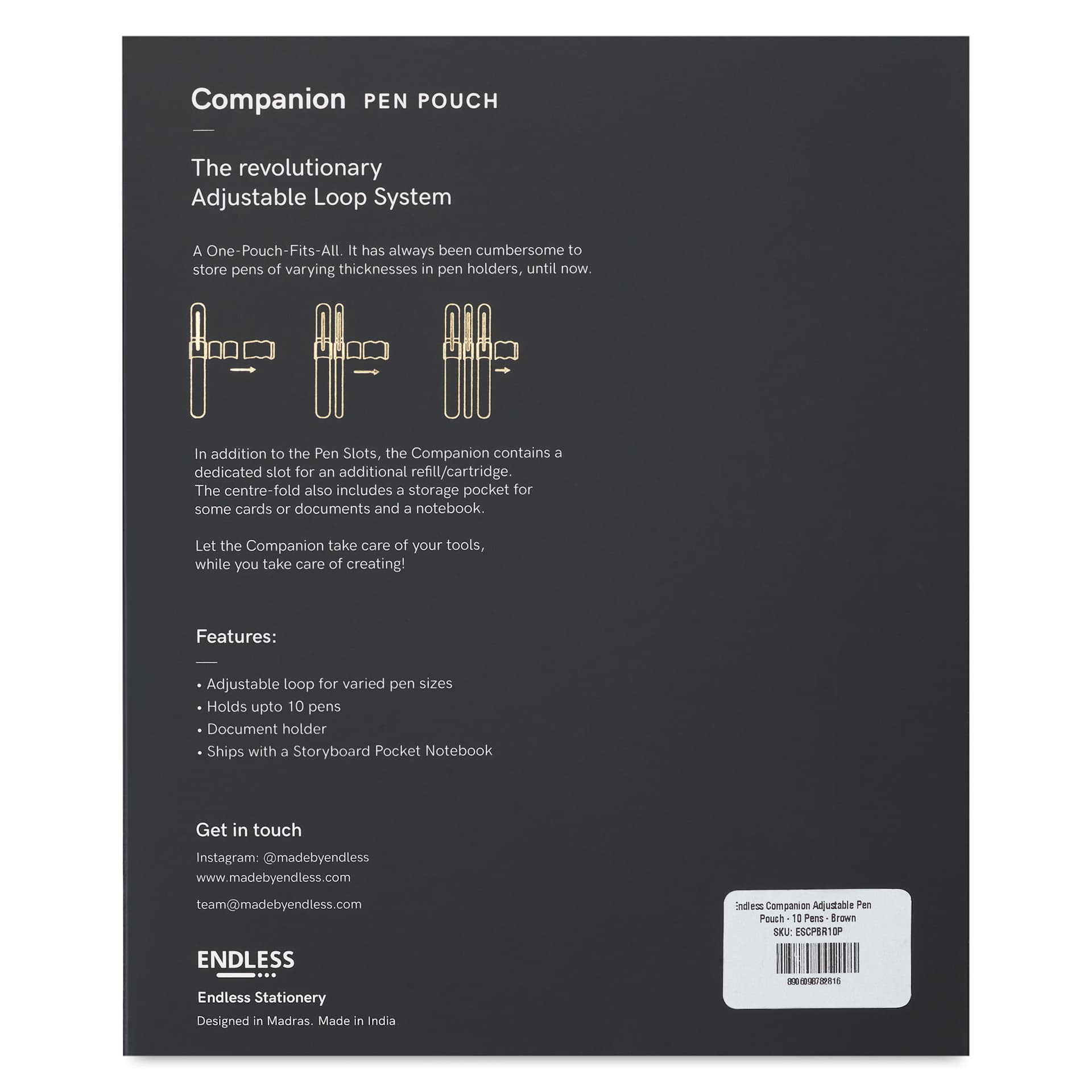 Endless Companion 10 Pen Pouch - Brown, back of the packaging