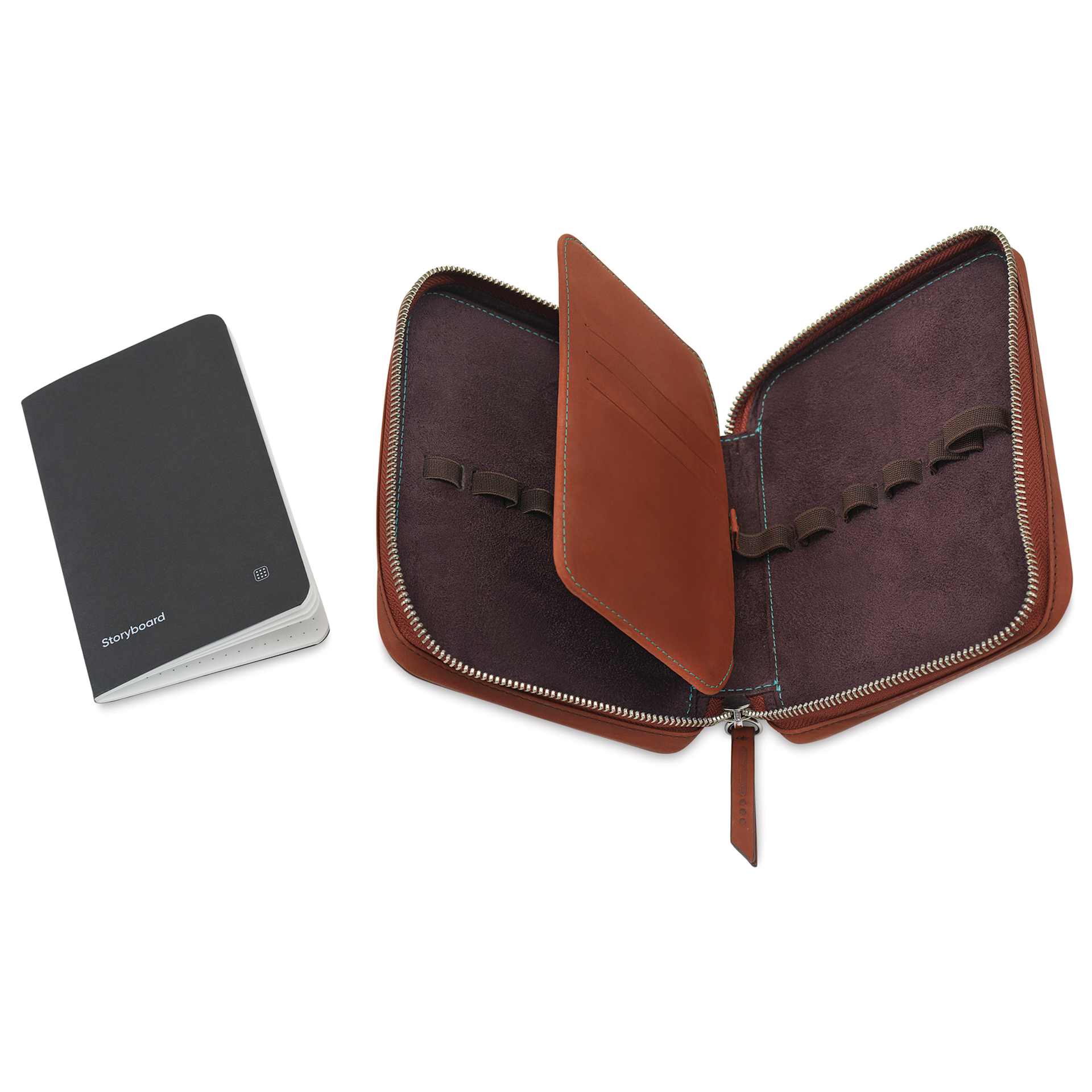 Endless Companion 10 Pen Pouch - Brown, pen case open and pocket notebook showing pen slots