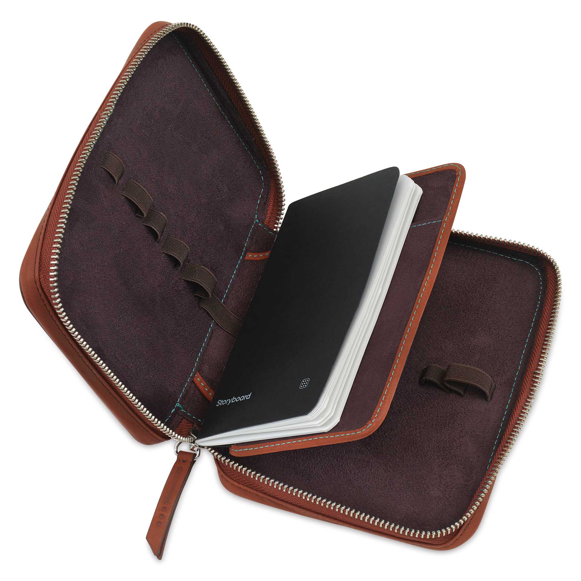 Endless Companion 10 Pen Pouch - Brown, pen case open and pocket notebook inside
