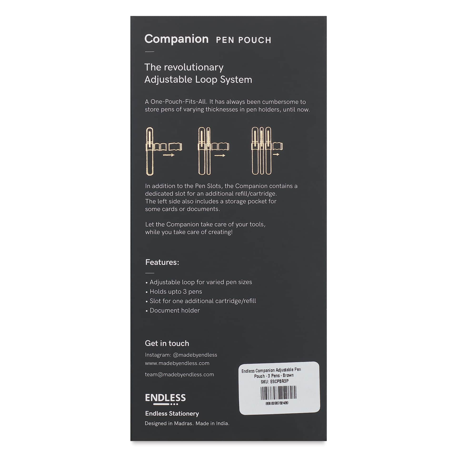 Endless Companion 3 Pen Pouch - Brown, back of the packaging