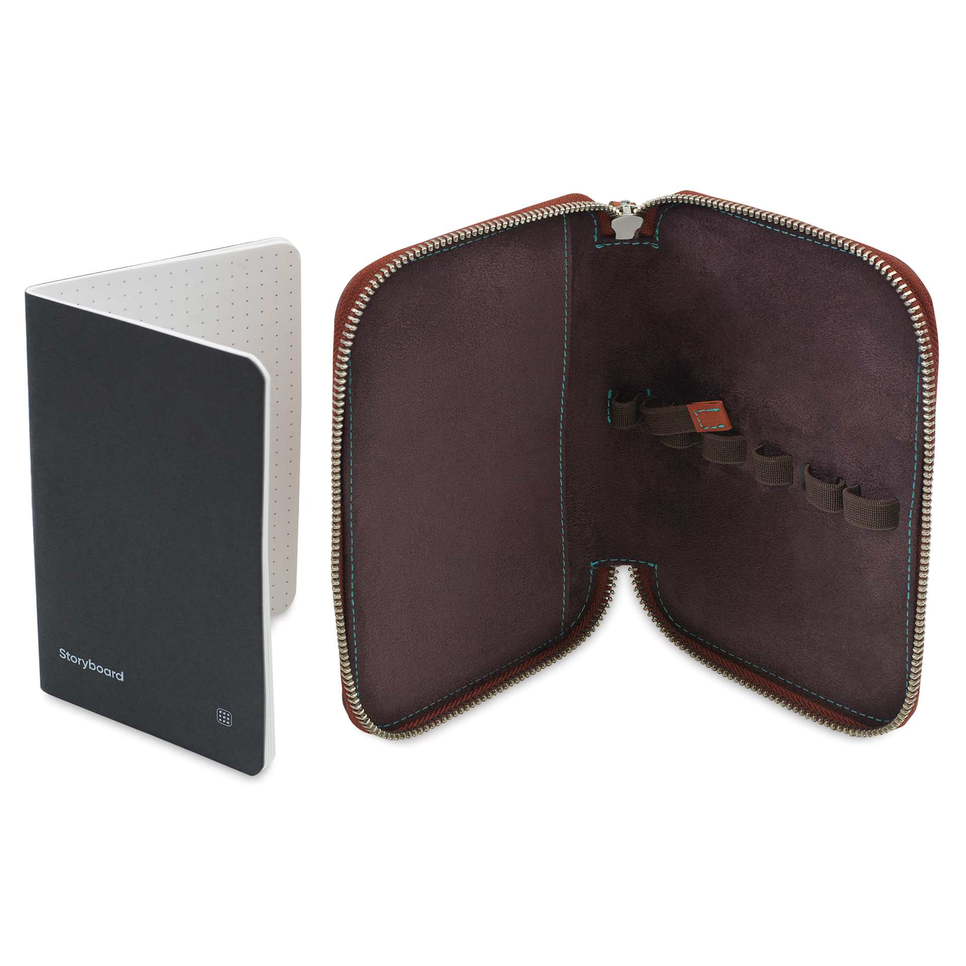 Endless Companion 5 Pen Pouch - Brown, pen case open and pocket notebook standing