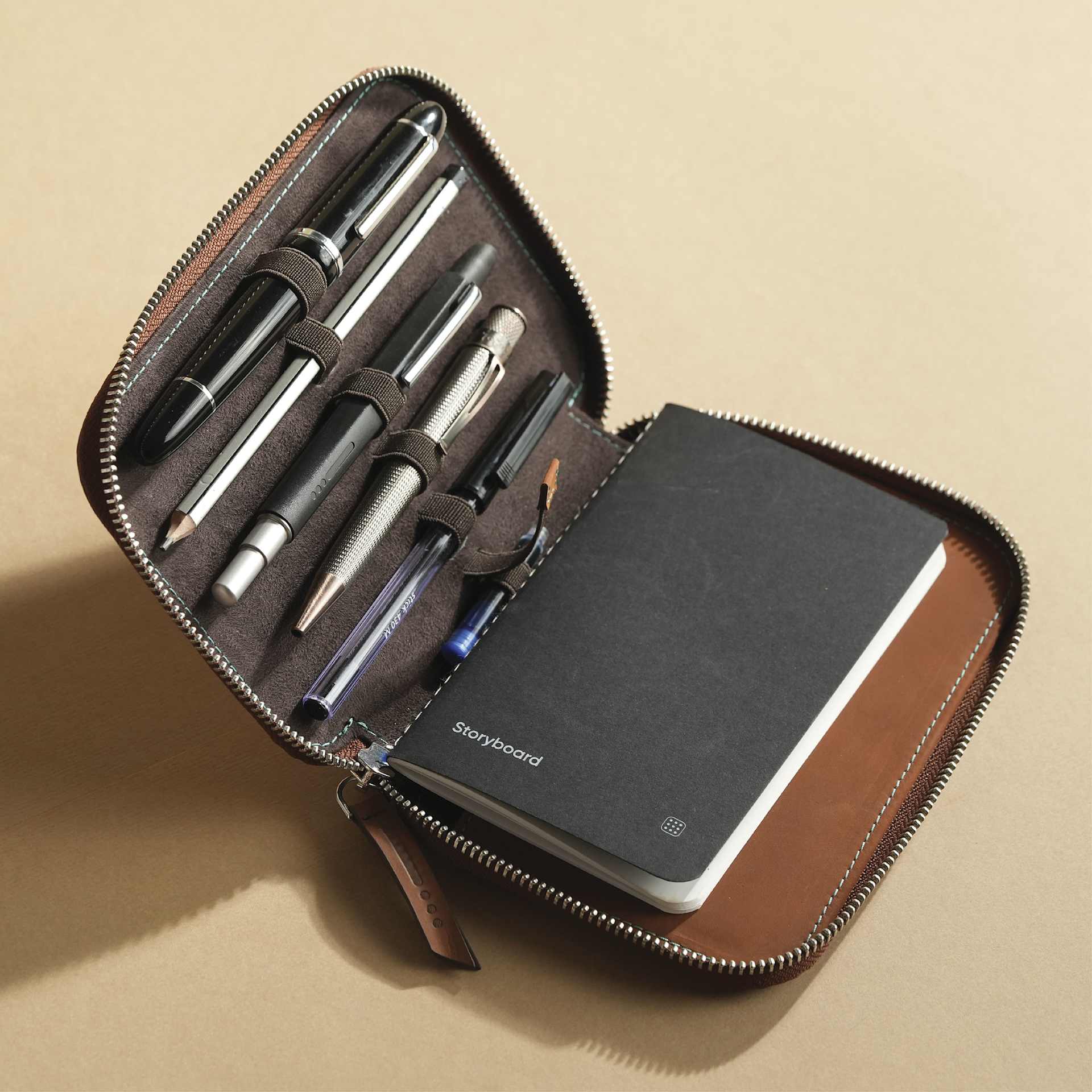 Endless Companion 5 Pen Pouch - Brown, pen case open showing pens inside (note included)