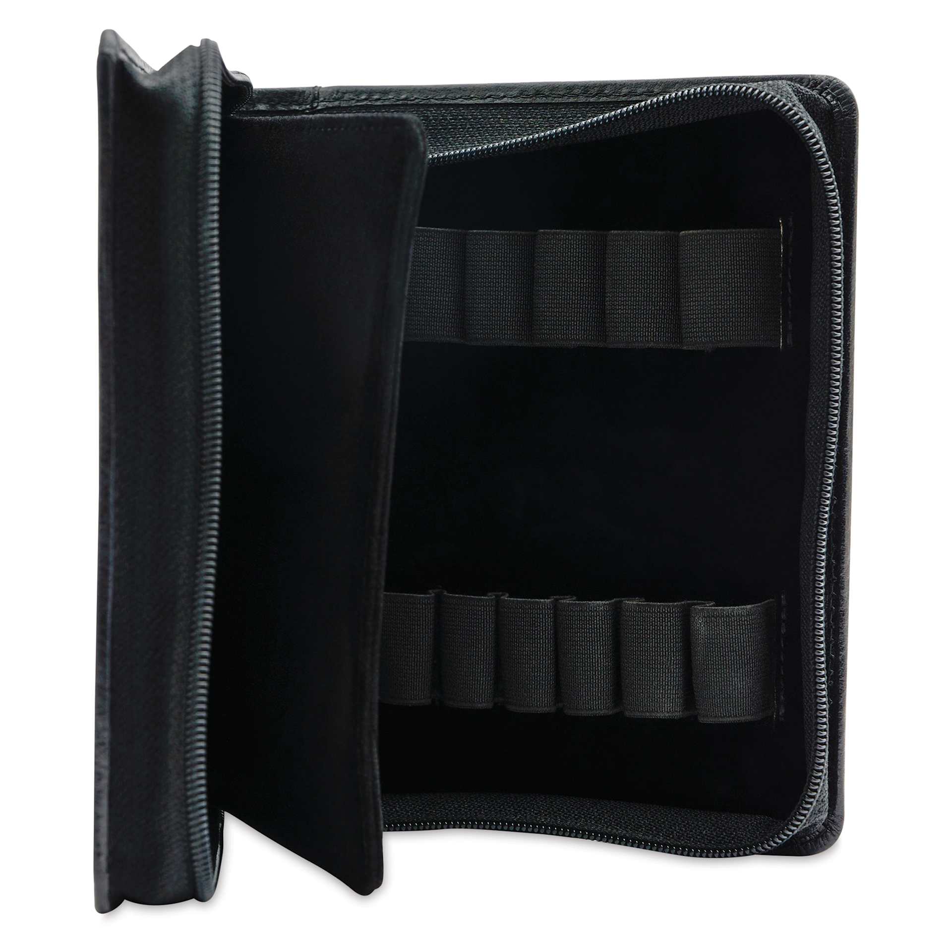 Girologio 12 Leather Pen Zip Case - Black, open showing compartments
