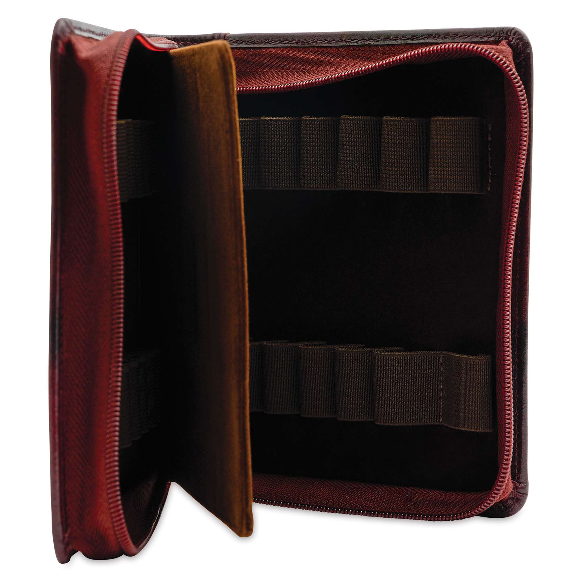 Girologio 12 Leather Pen Zip Case - Oxblood, open showing compartments