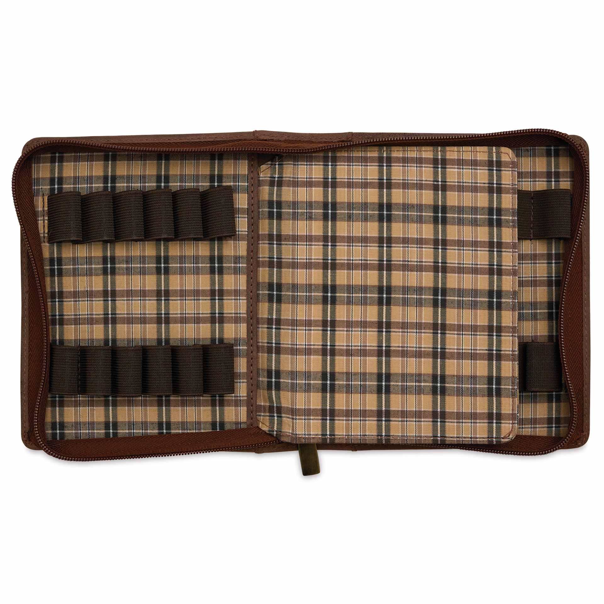 Girologio 12 Leather Pen Zip Case - Bomber Brown, open showing pattern inside