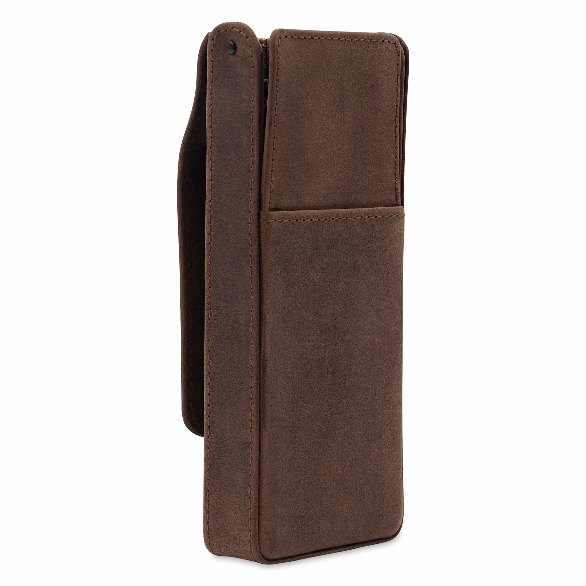 Girologio 3 Leather Pen Case - Bomber Brown, side of the case and open