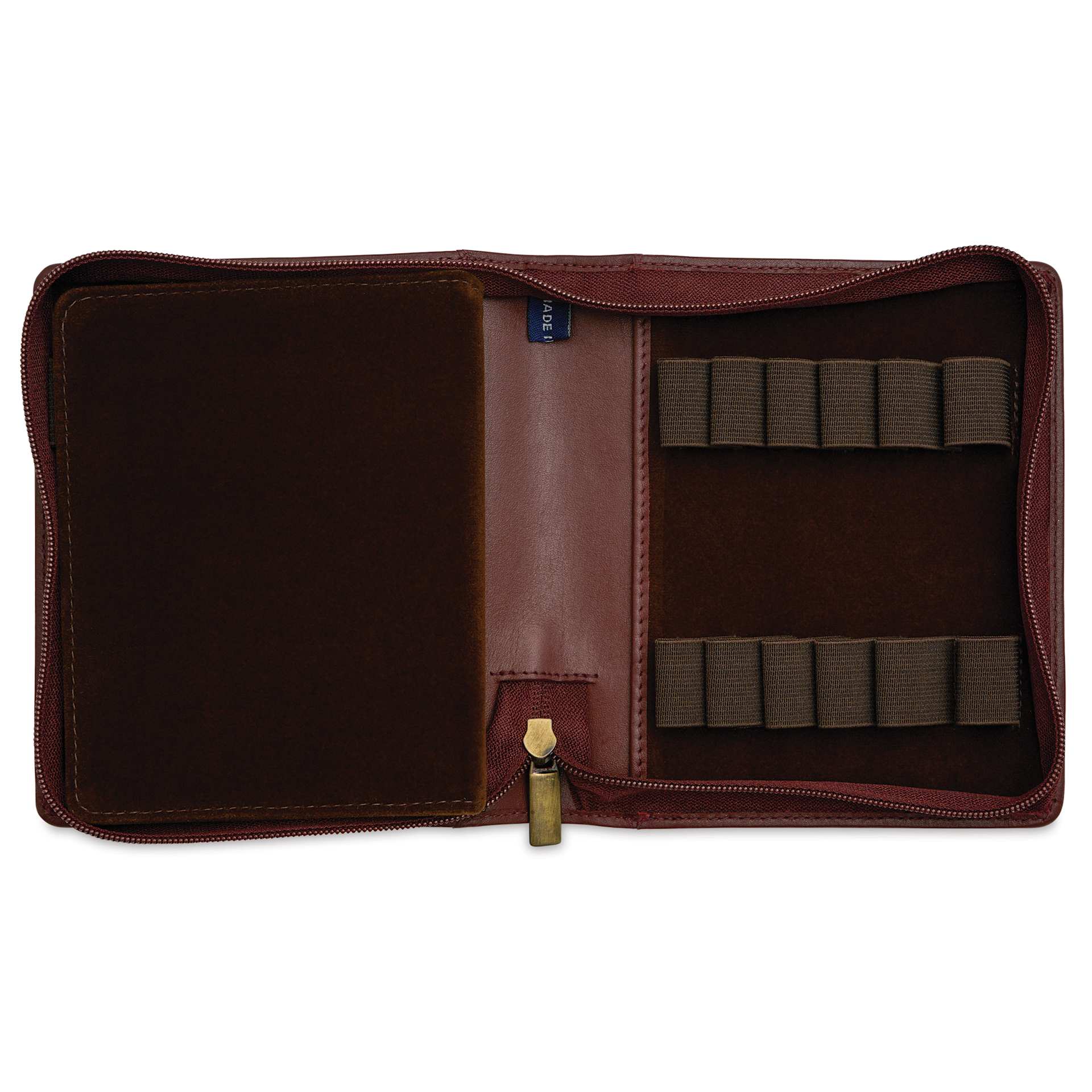 Girologio 12 Leather Pen Zip Case - Antique Brown, open showing interior
