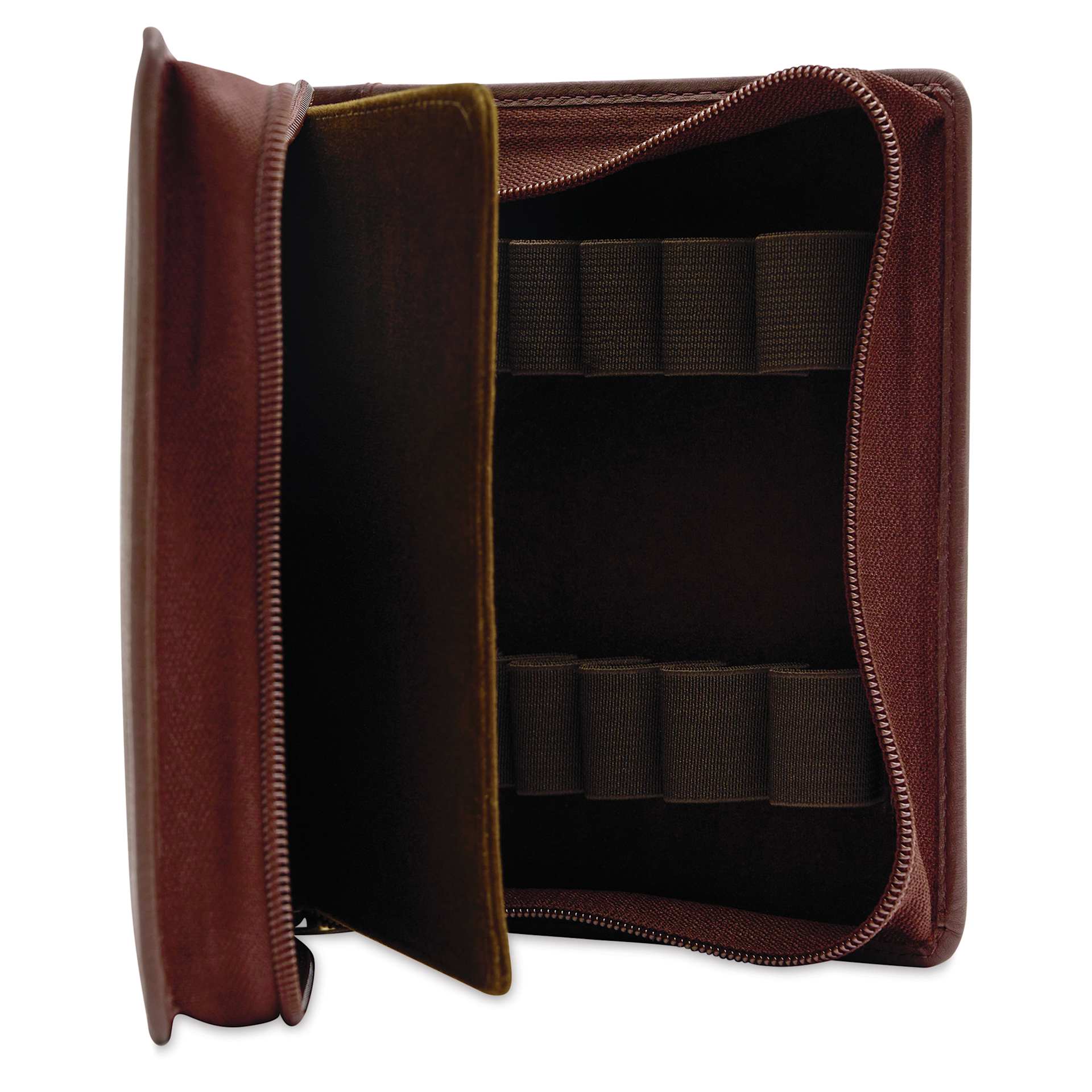 Girologio 12 Leather Pen Zip Case - Antique Brown, open showing compartments