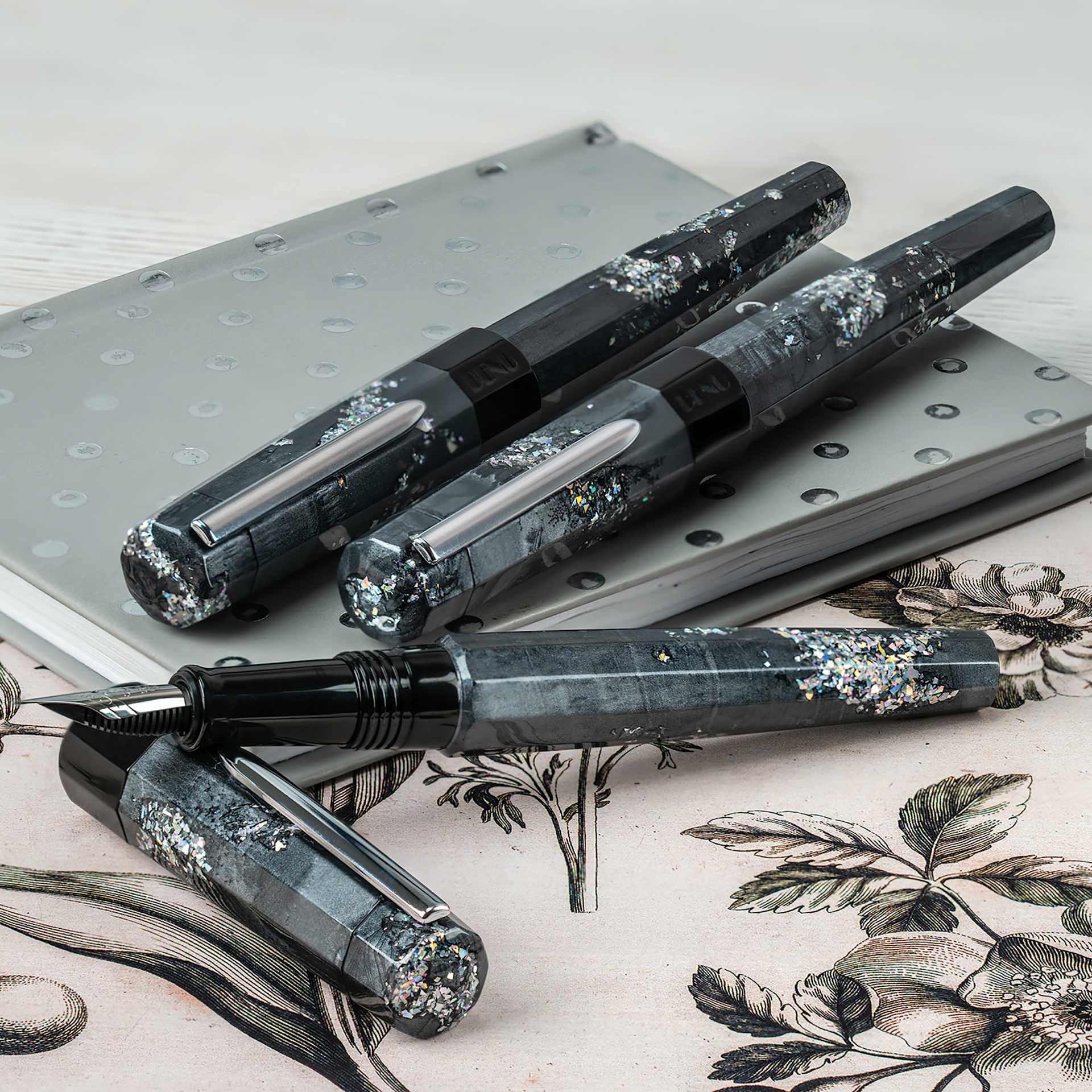 Benu Euphoria Fountain Pen - Caviar, pen laid out