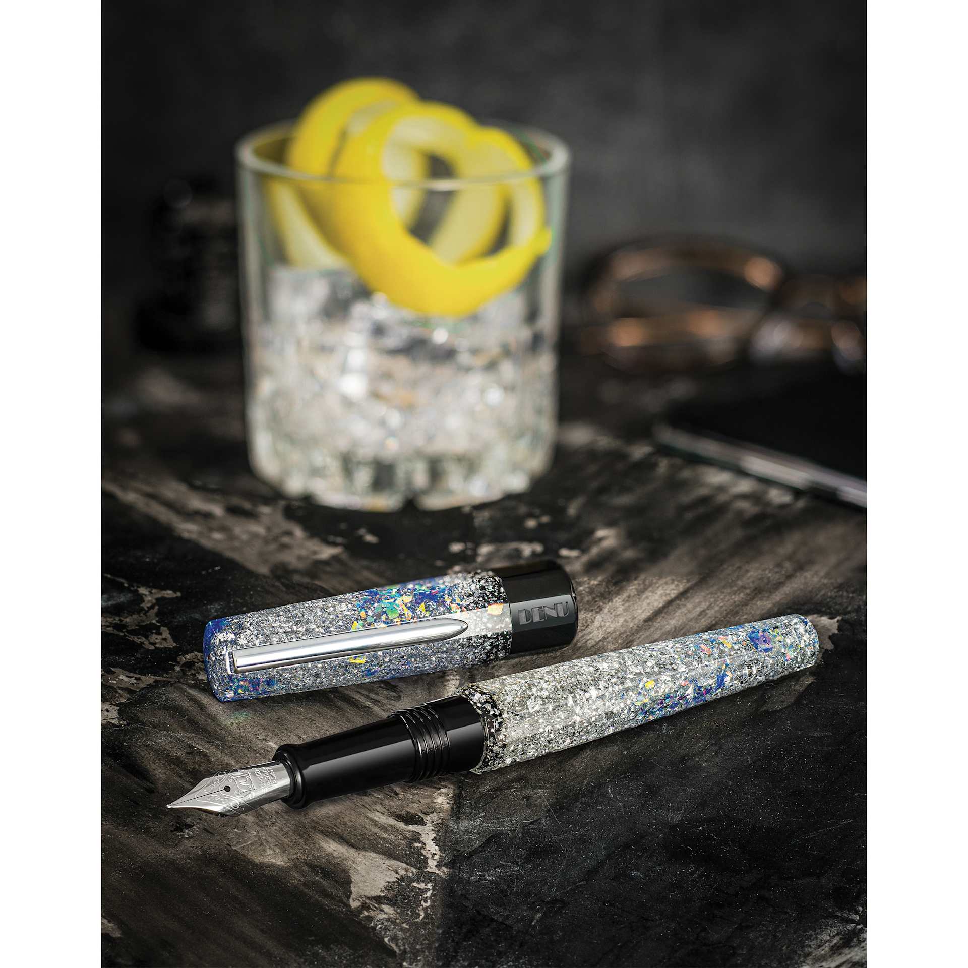 Benu Euphoria Fountain Pen - Vodka on the Rocks, pen laid out with cap removed (image shows a different size nib)