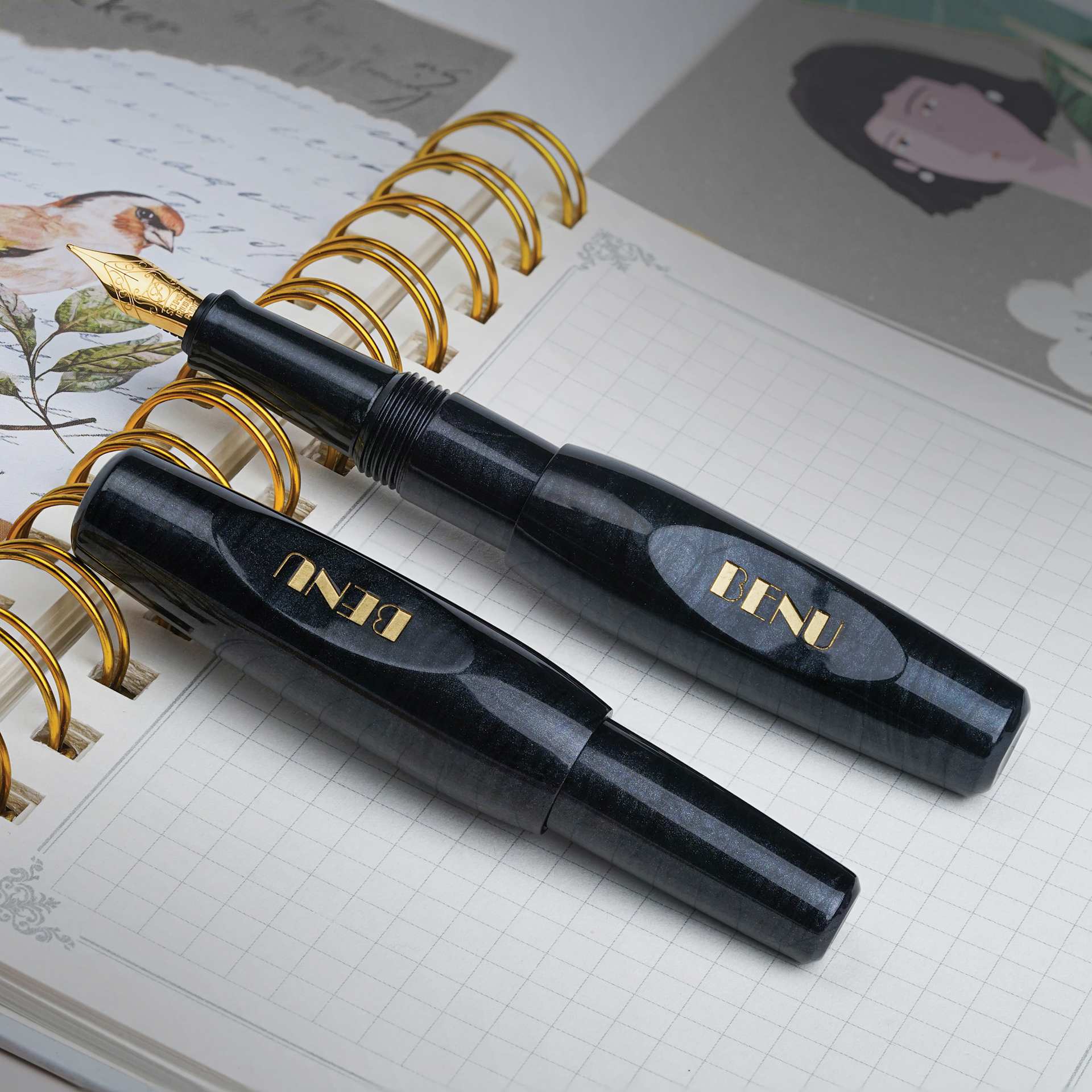 Benu Pixie Fountain Pen - Smoky Black, pen laid out (image may show a different size nib)