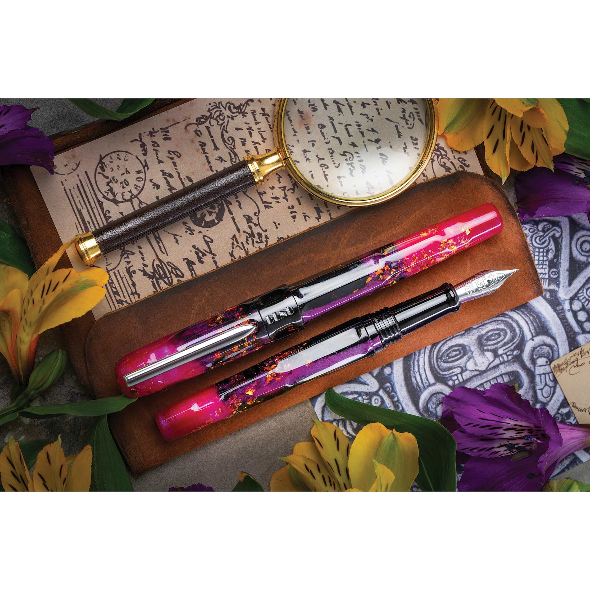 Benu Talisman Fountain Pen - Lily of the Incas, laid out (image may show a different size nib)