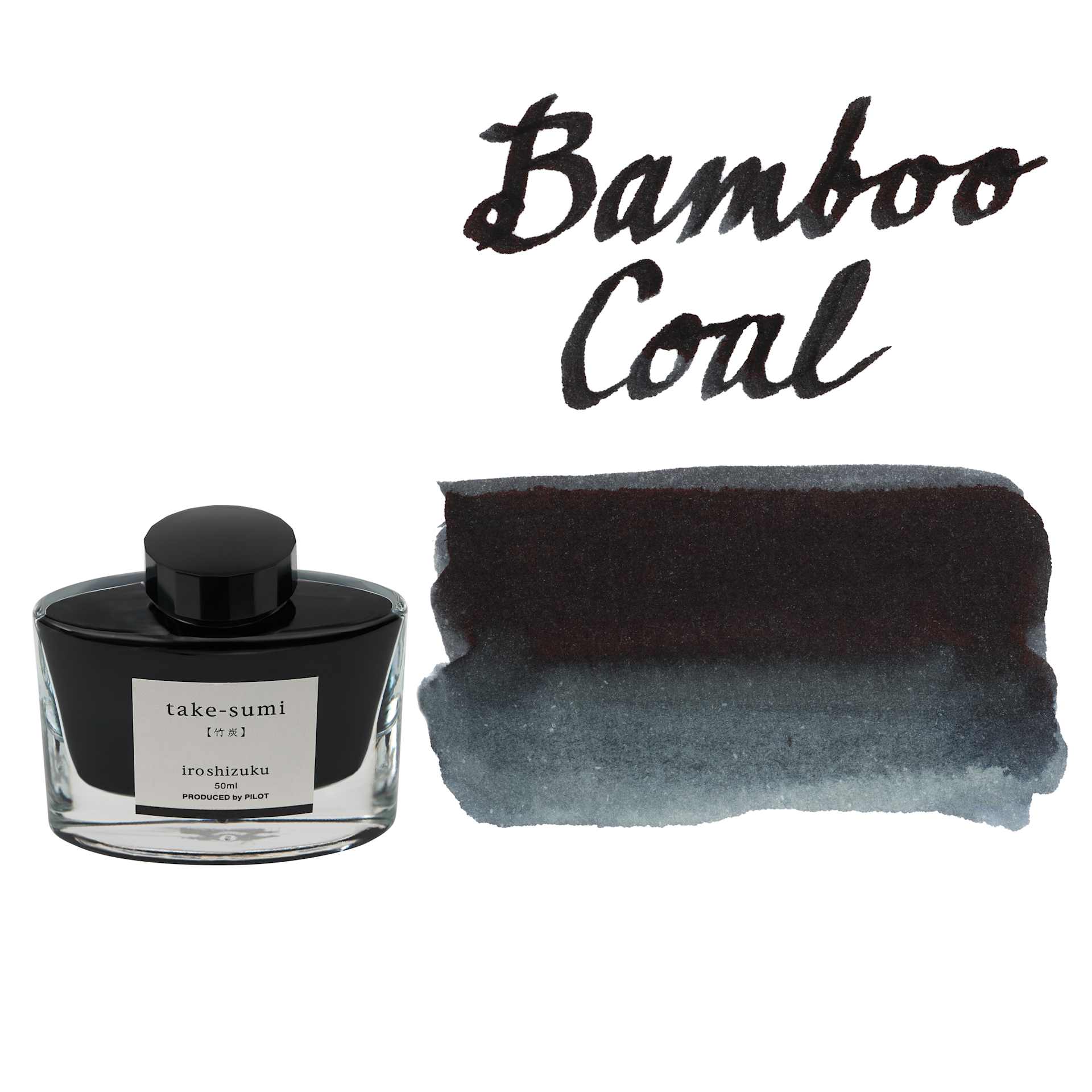 Pilot Iroshizuku Fountain Pen Ink - Bamboo Coal (Take-sumi), swatch and bottle