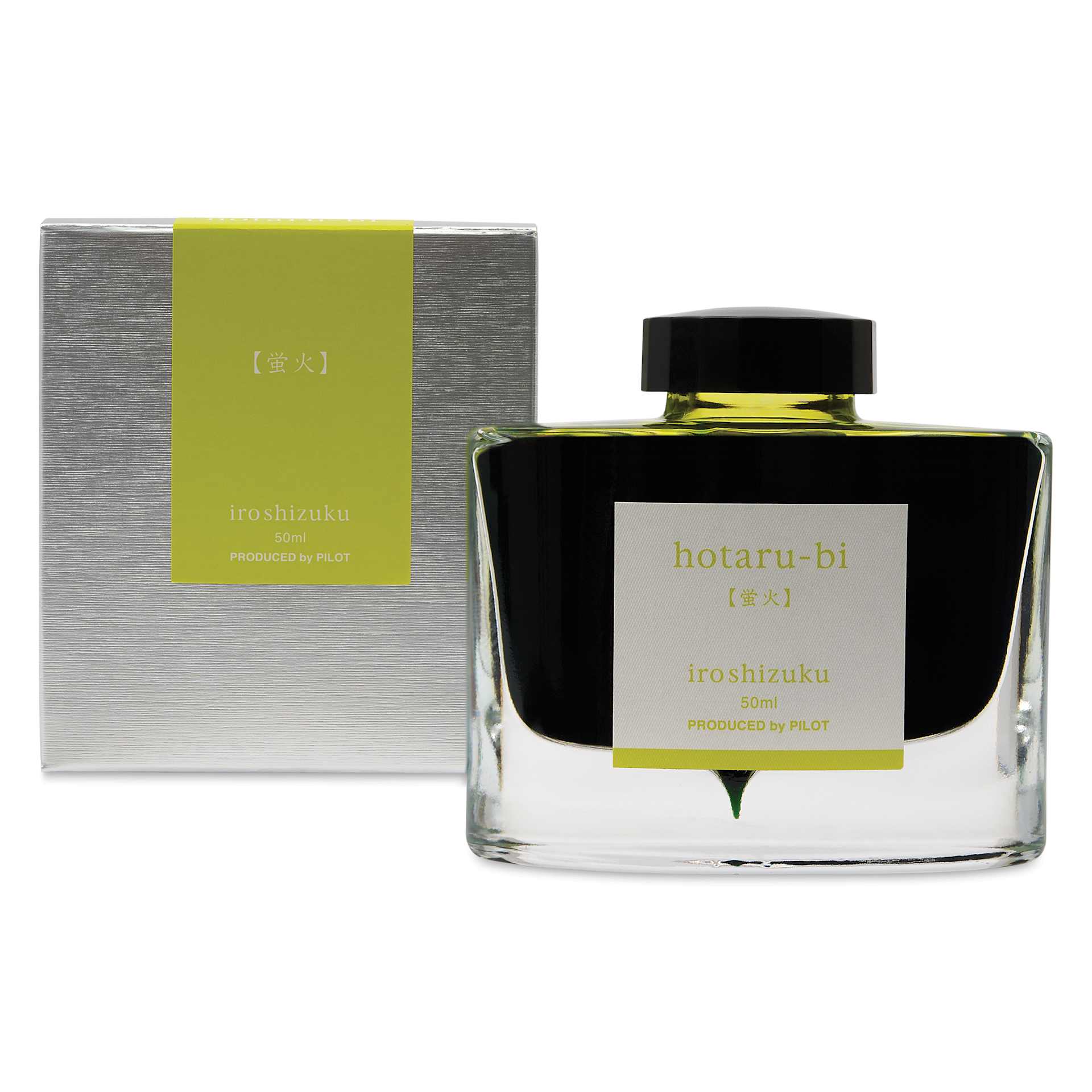 Pilot Iroshizuku Fountain Pen Ink - Light of Fireflies (Hotaru-bi), 50 ml, packaging and bottle