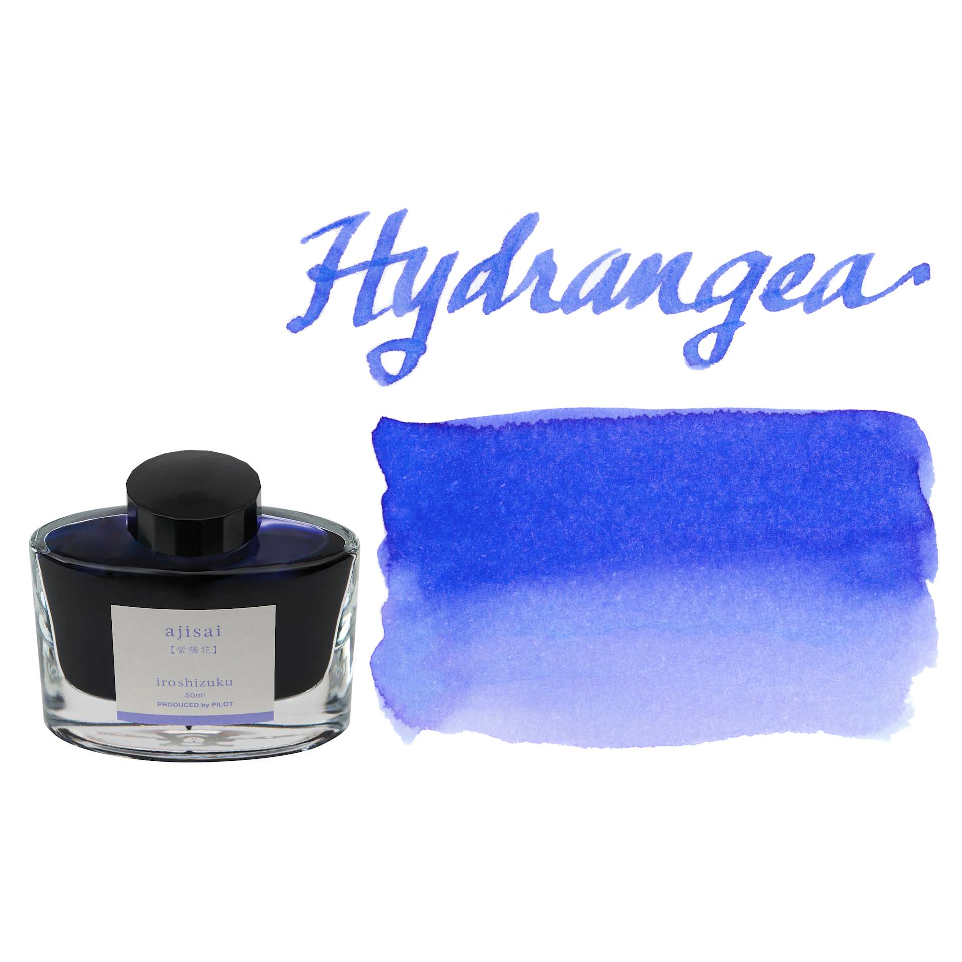 Pilot Iroshizuku Fountain Pen Ink - Hydrangea (Ajisai), swatch and bottle