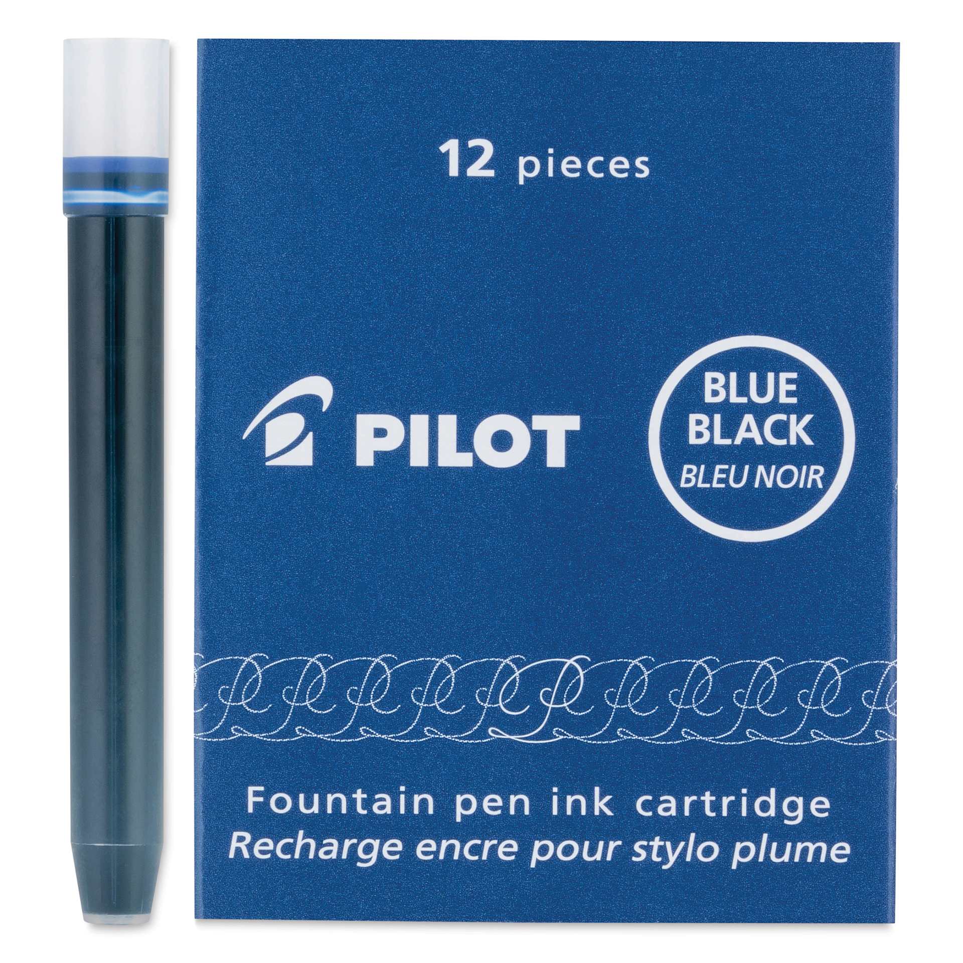 Pilot Fountain Pen Ink Cartridge - Blue Black, Pkg of 12, one cartridge next to the packaging