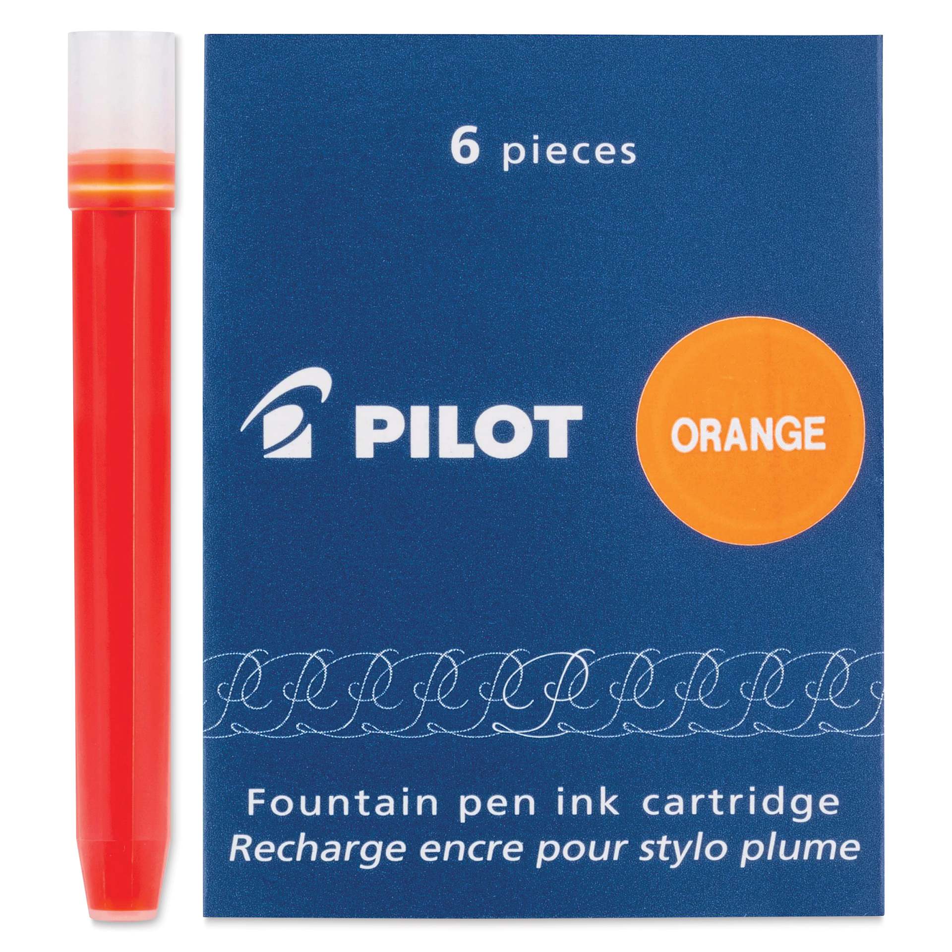 Pilot Fountain Pen Ink Cartridge - Orange, Pkg of 6, one cartridge next to the packaging