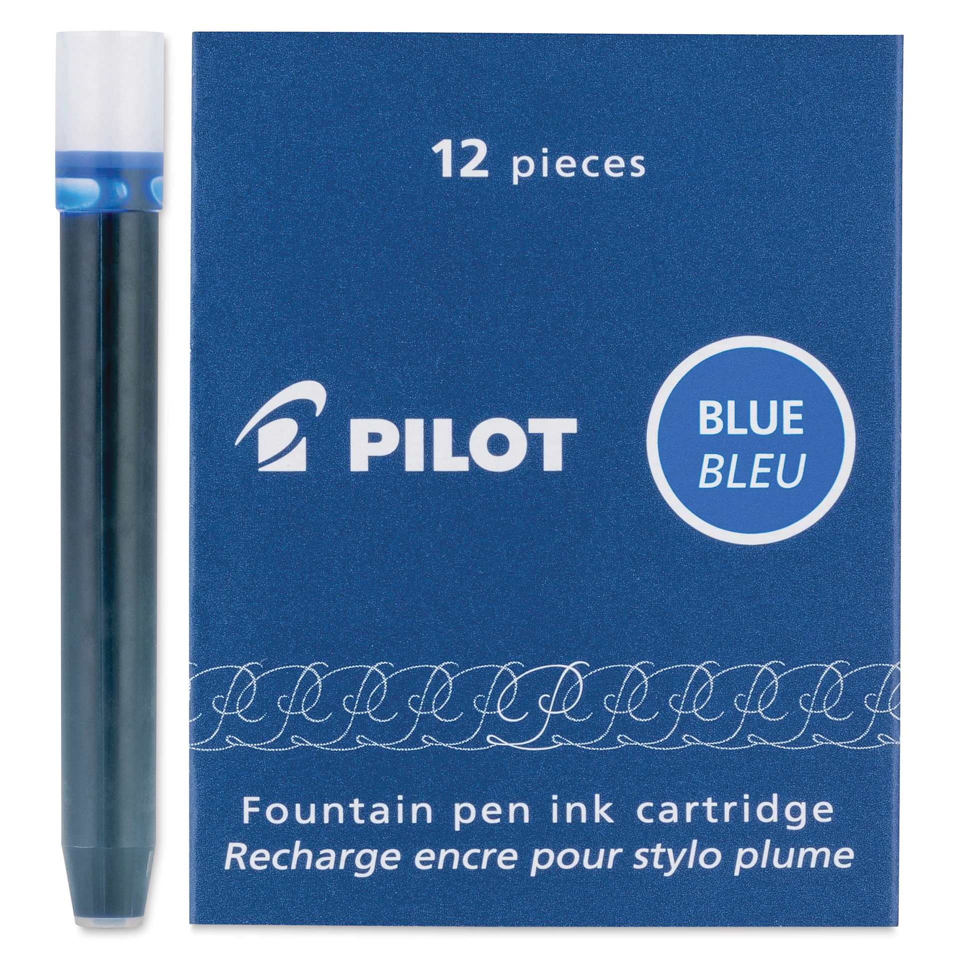 Pilot Fountain Pen Ink Cartridge - Blue, Pkg of 12, one cartridge next to the packaging