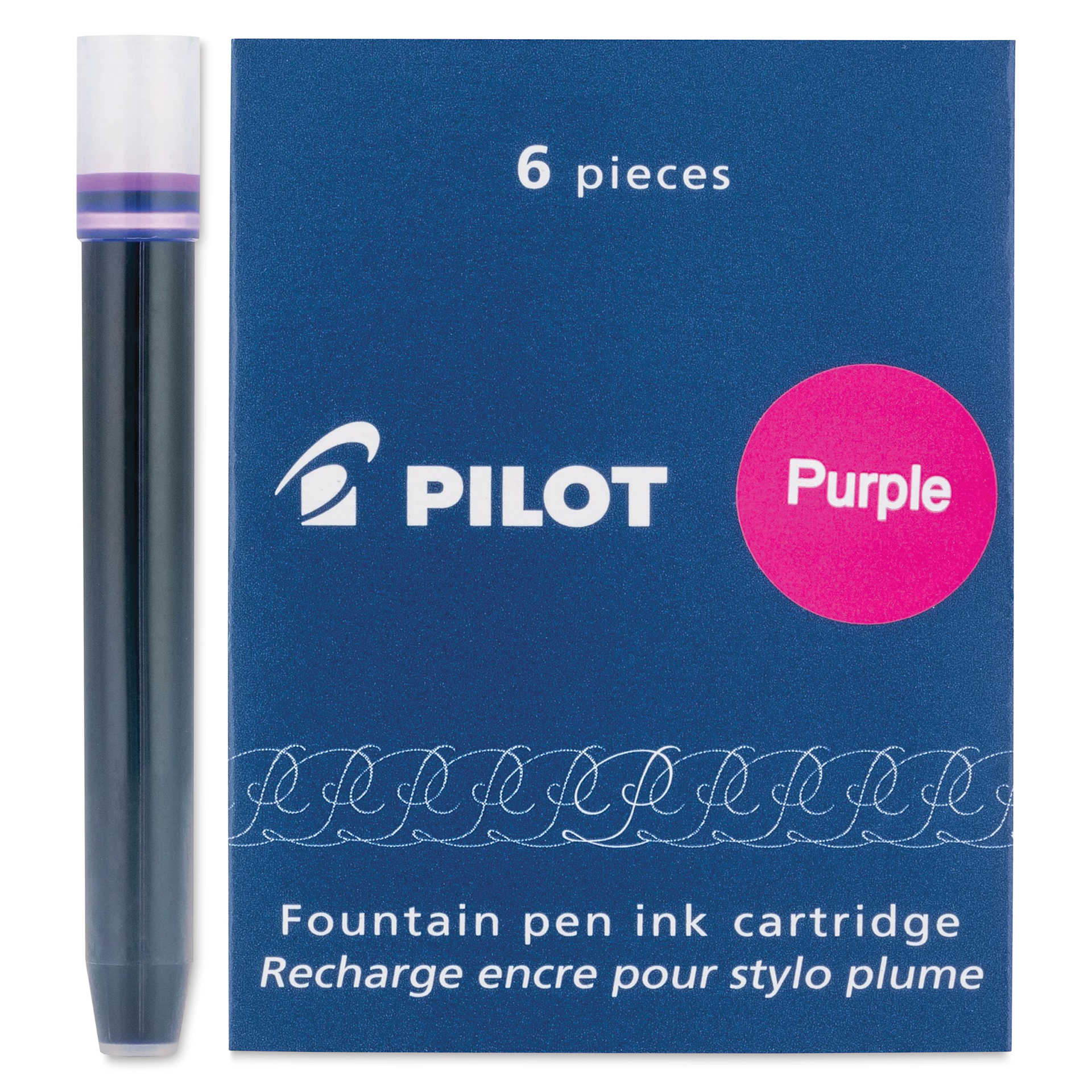 Pilot Fountain Pen Ink Cartridge - Purple, Pkg of 6, one cartridge next to the packaging