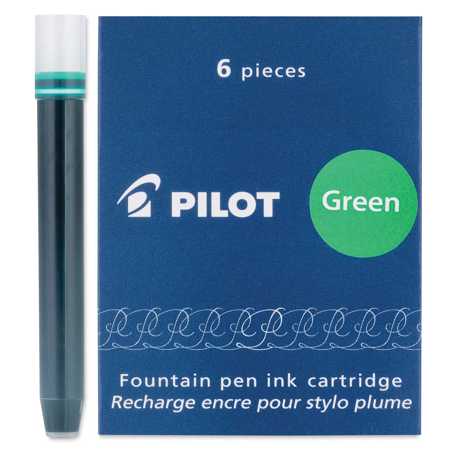 Pilot Fountain Pen Ink Cartridge - Green, Pkg of 6, one cartridge next to packaging