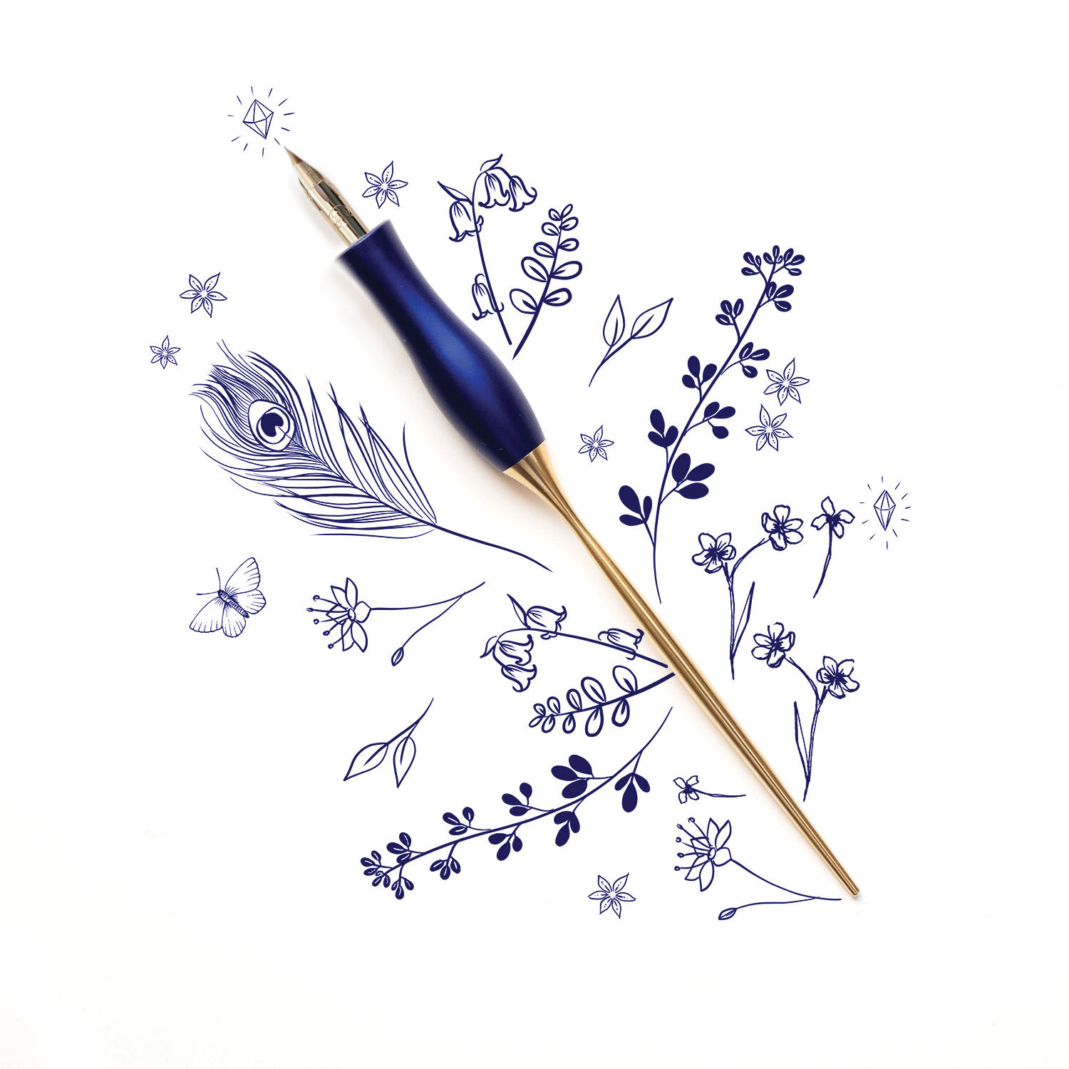 Tom’s Studio Bloom Straight Calligraphy Dip Pen - Bluebell with artwork