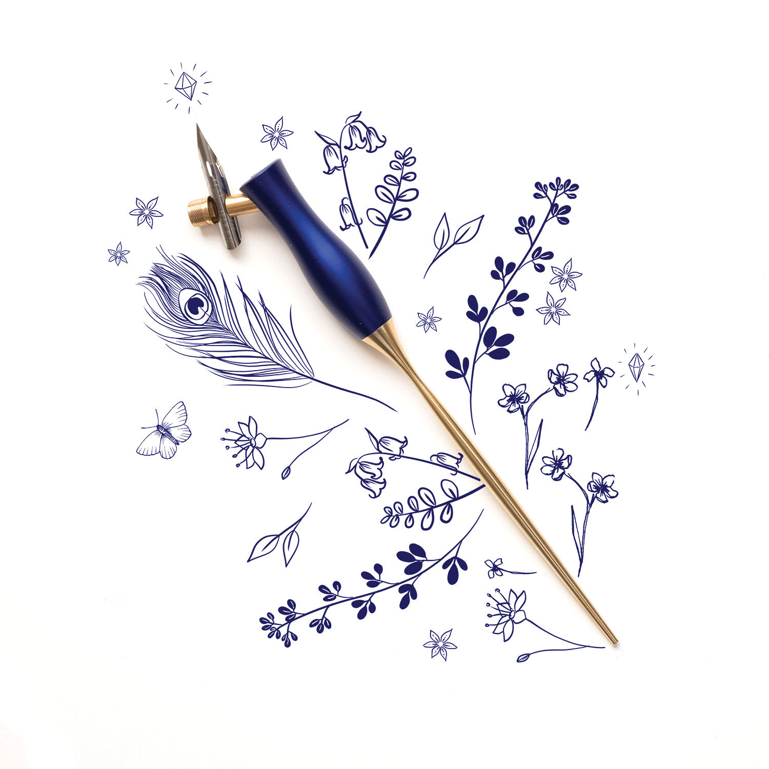 Tom’s Studio Bloom Oblique Calligraphy Dip Pen - Bluebell with artwork