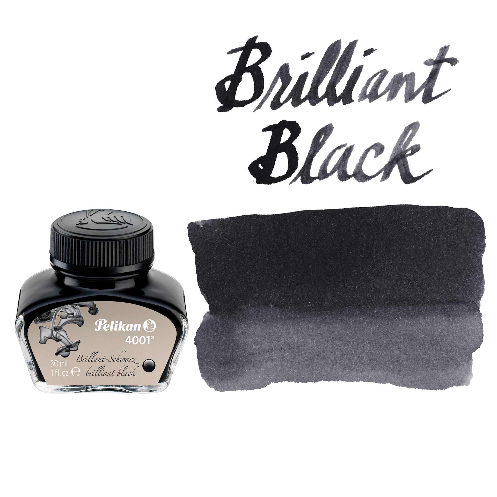 Pelikan 4001 Fountain Pen Ink - Brilliant Black, bottle and swatch