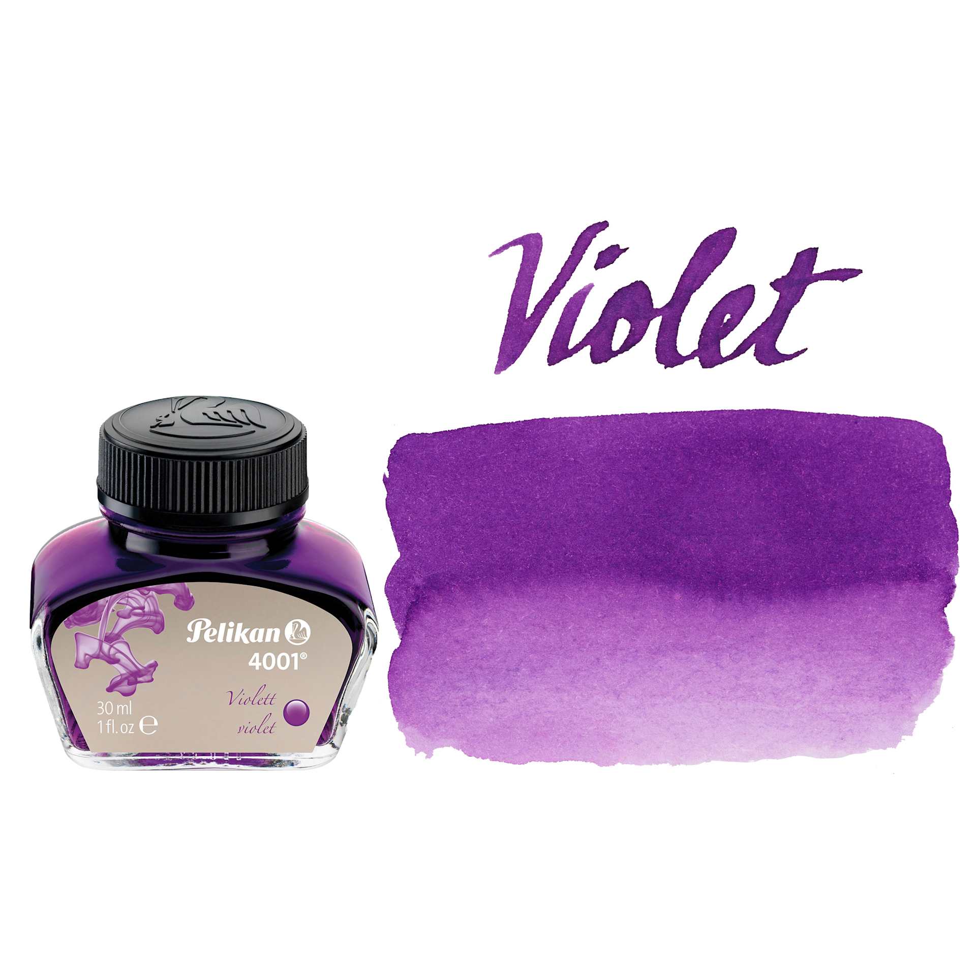 Pelikan 4001 Fountain Pen Ink - Violet, bottle and swatch