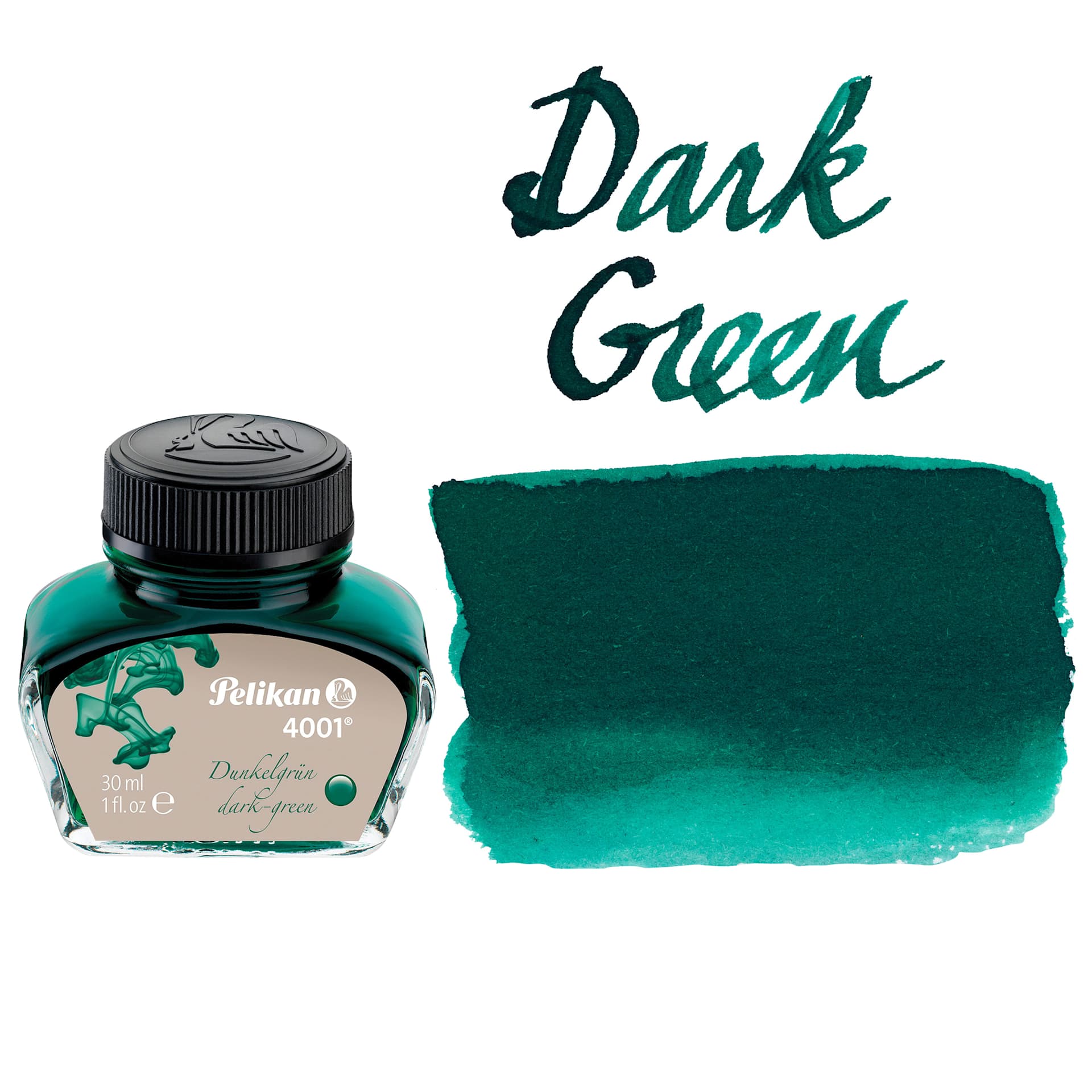 Pelikan 4001 Fountain Pen Ink - Dark Green, bottle and swatch