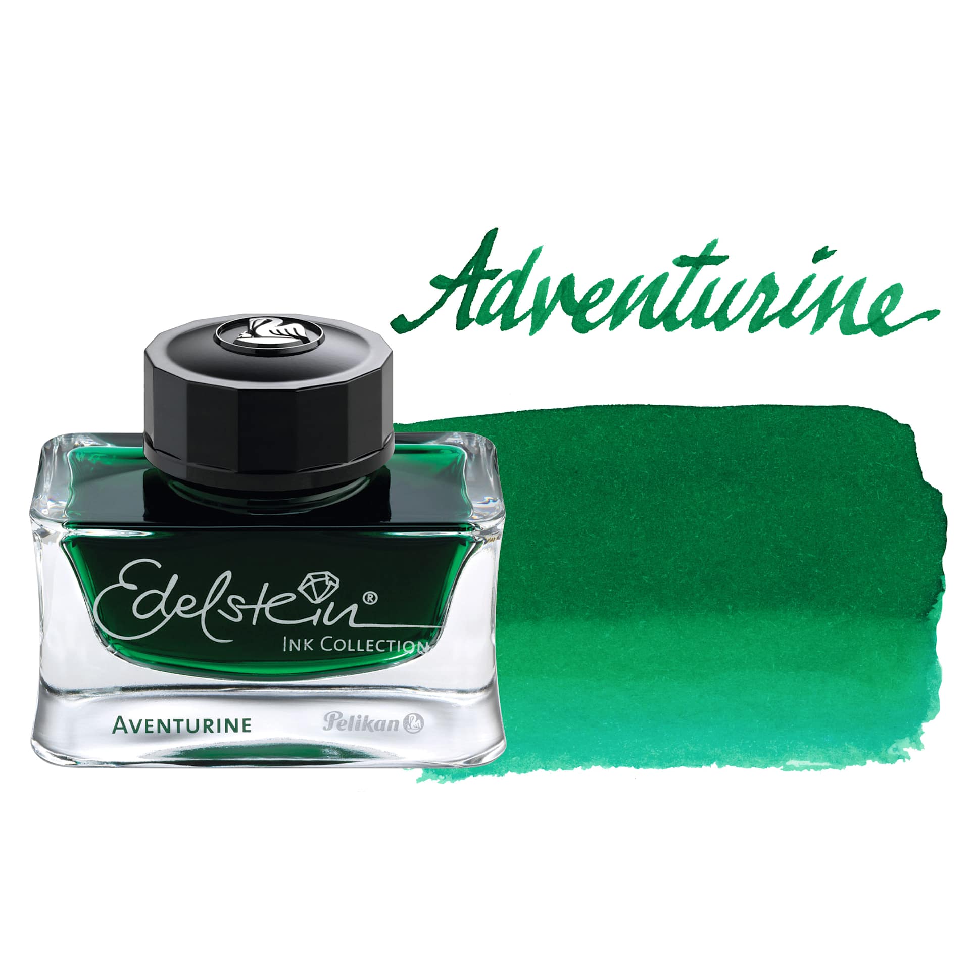Pelikan Edelstein Fountain Pen Ink - Aventurine, 50 ml, bottle and swatch