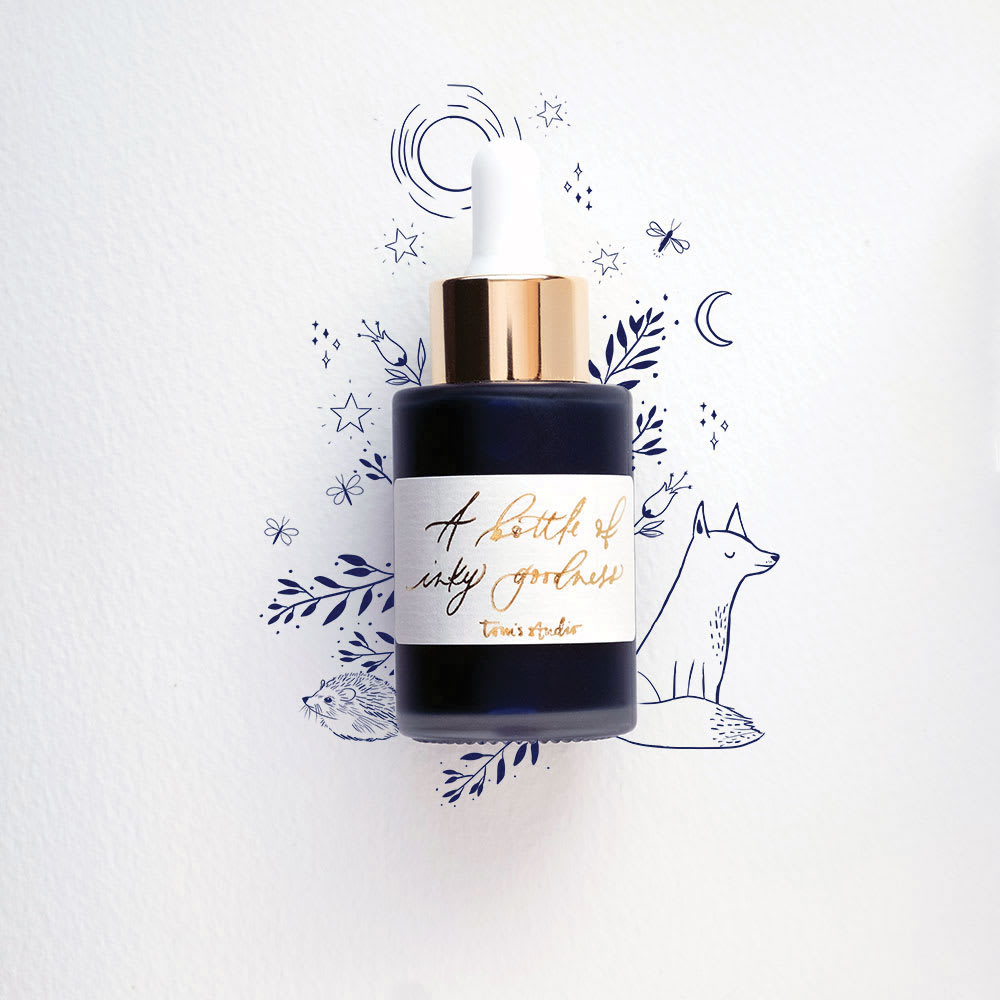 Tom's Studio Calligraphy Ink - Midnight, 30 ml bottle with artwork