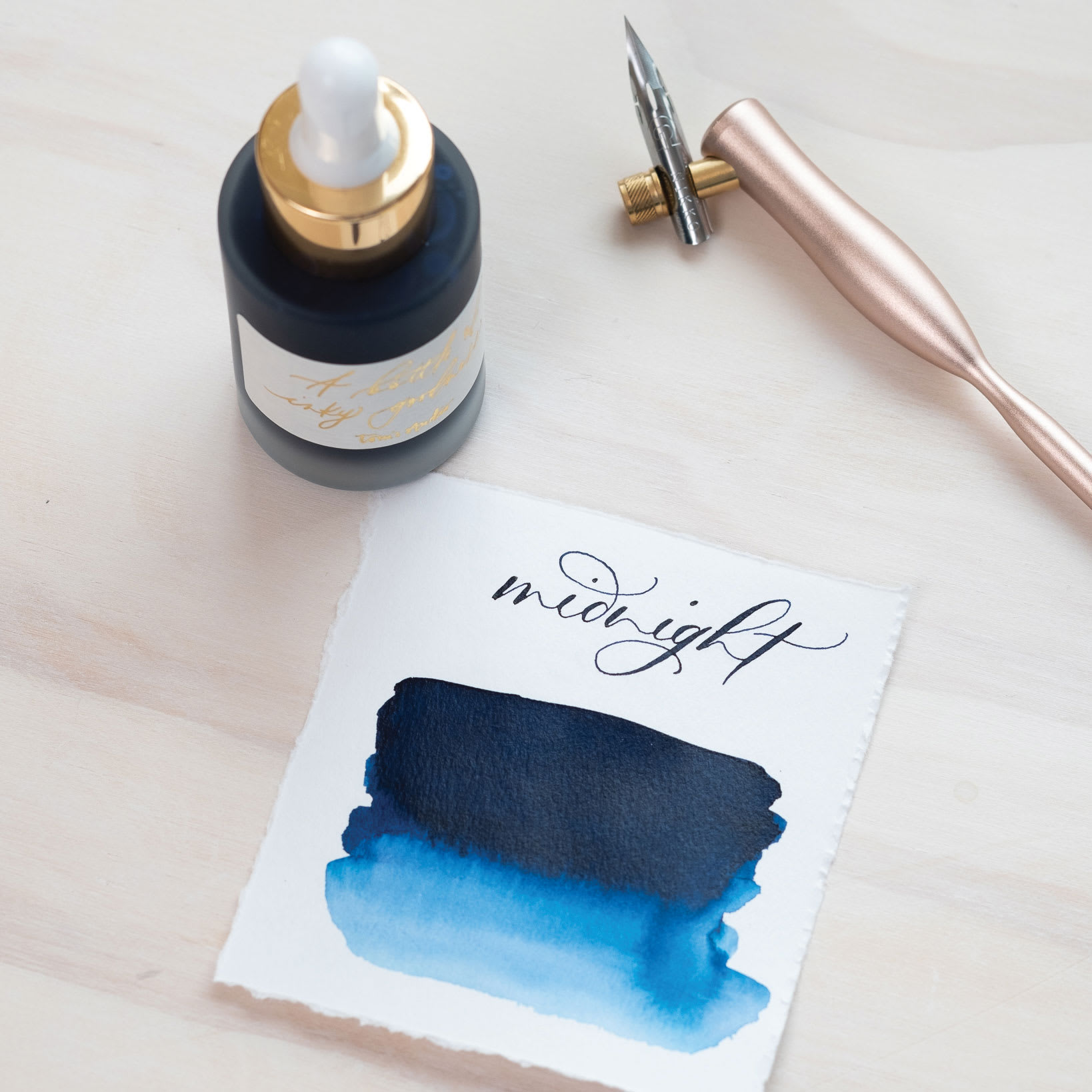 Tom's Studio Calligraphy Ink - Midnight, 30 ml bottle and swatch - pen not included